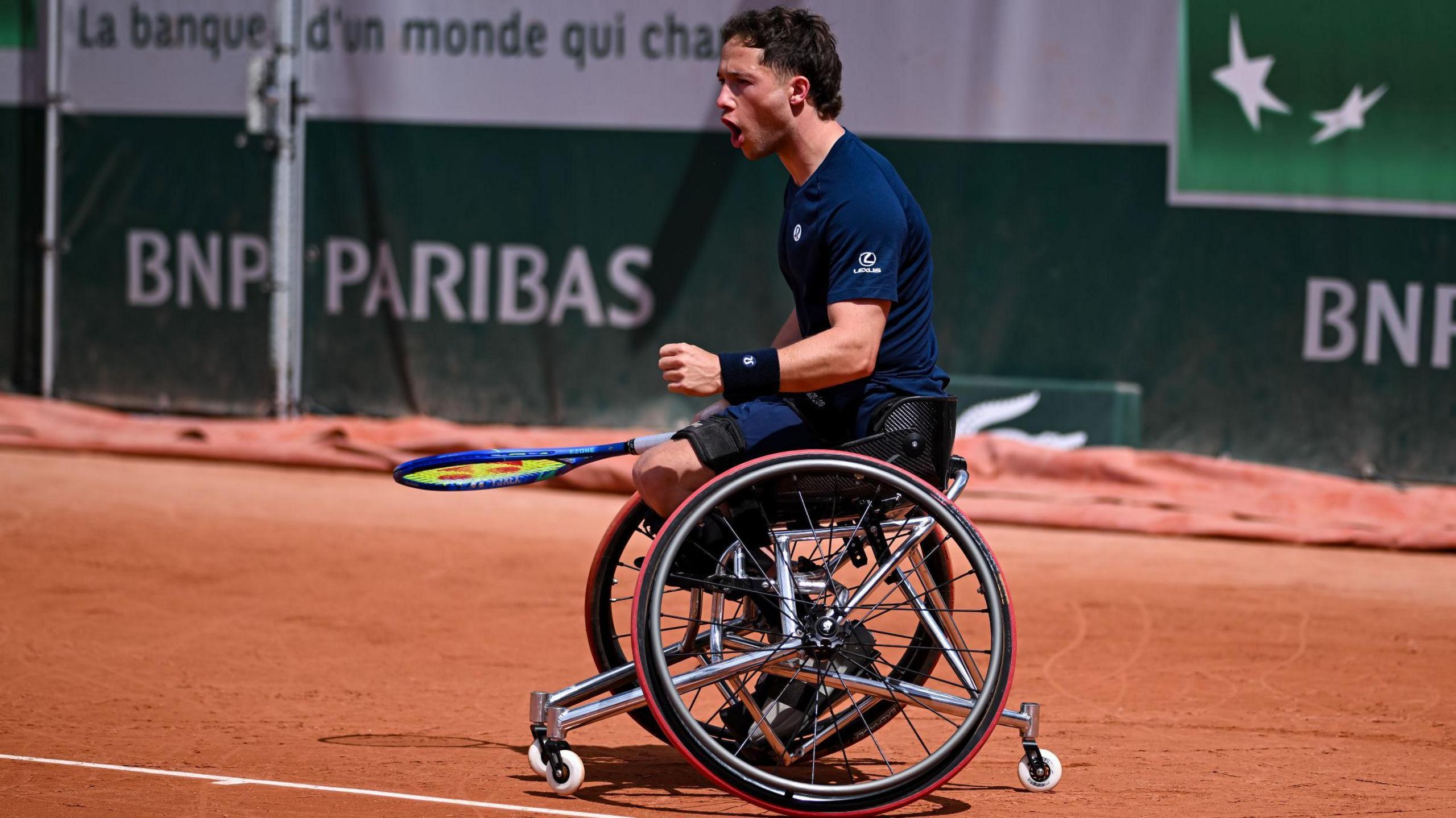 Alfie Hewett celebrates winning a point during his quarter-final win at the French Open