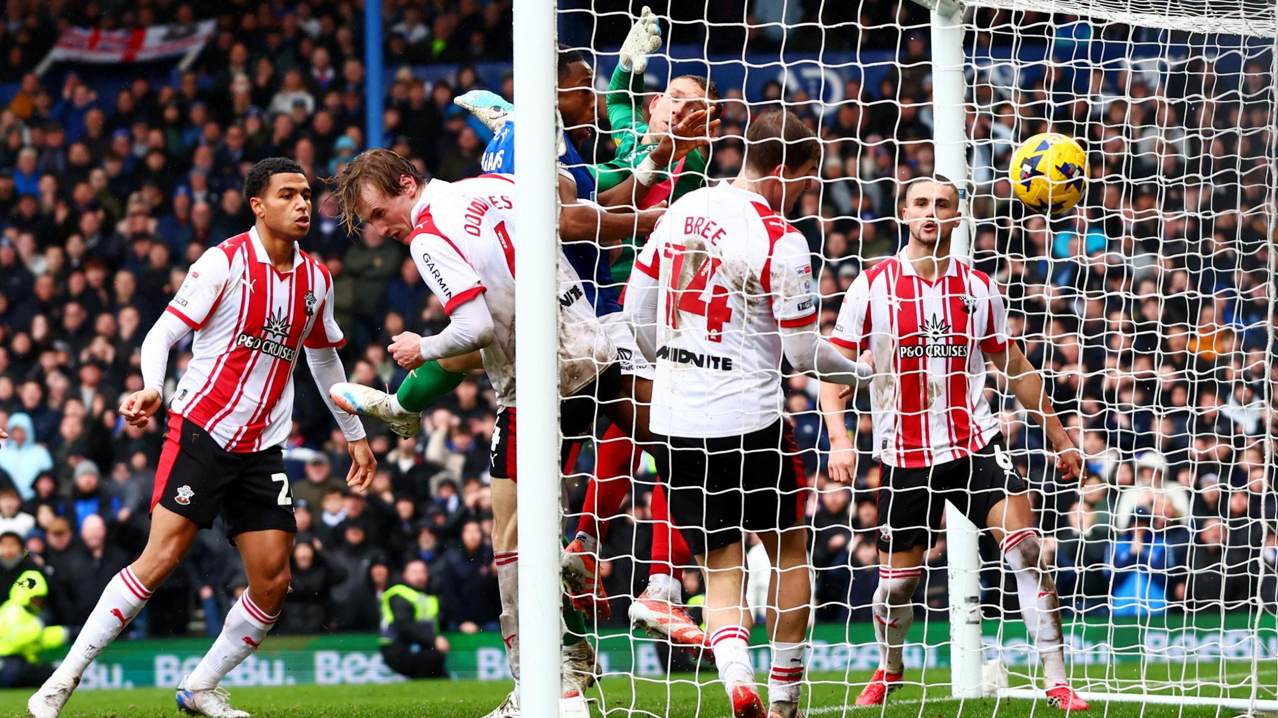 Portsmouth midfielder Ebou Adams equalises from close range against Southampton