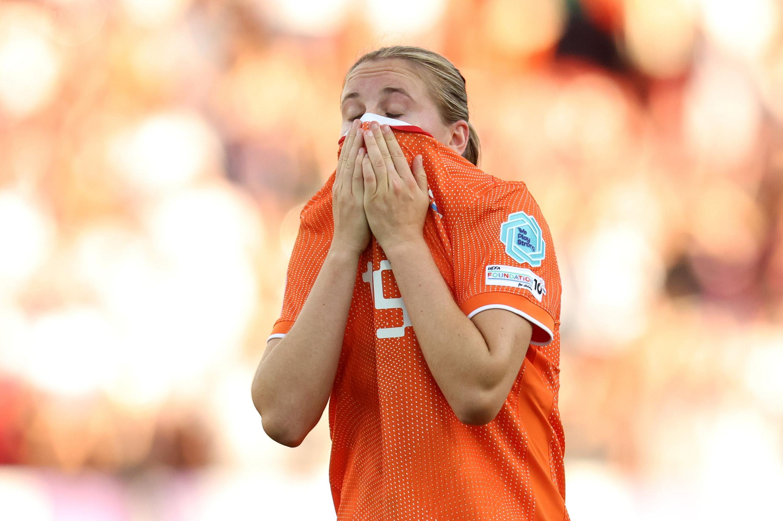 Netherlands' Wieke Kaptein looks dejected following defeat to England. Photo by Alexander Hassenstein