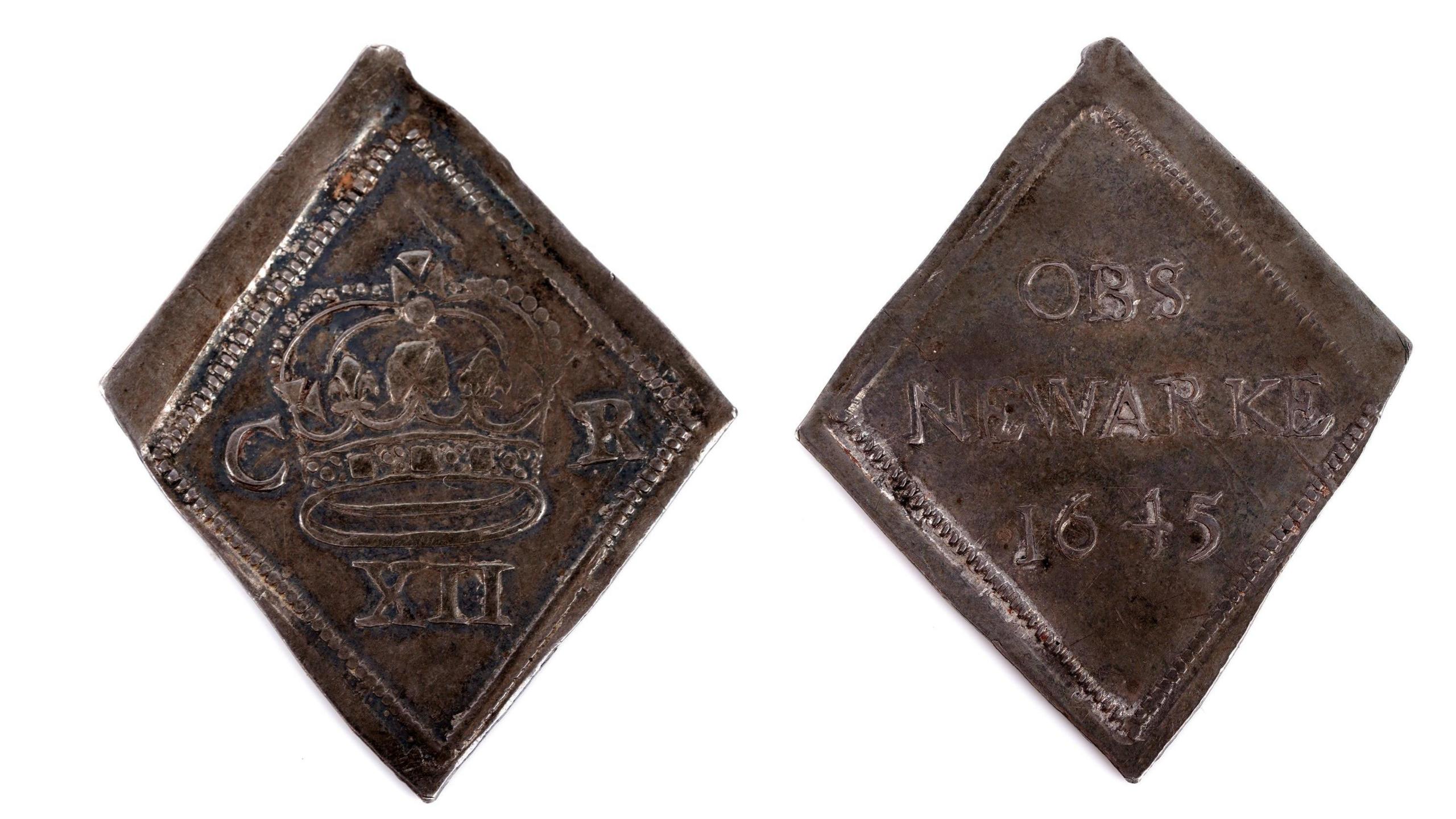 An image showing the front and back of a diamond shaped coin which dates back to 1645.