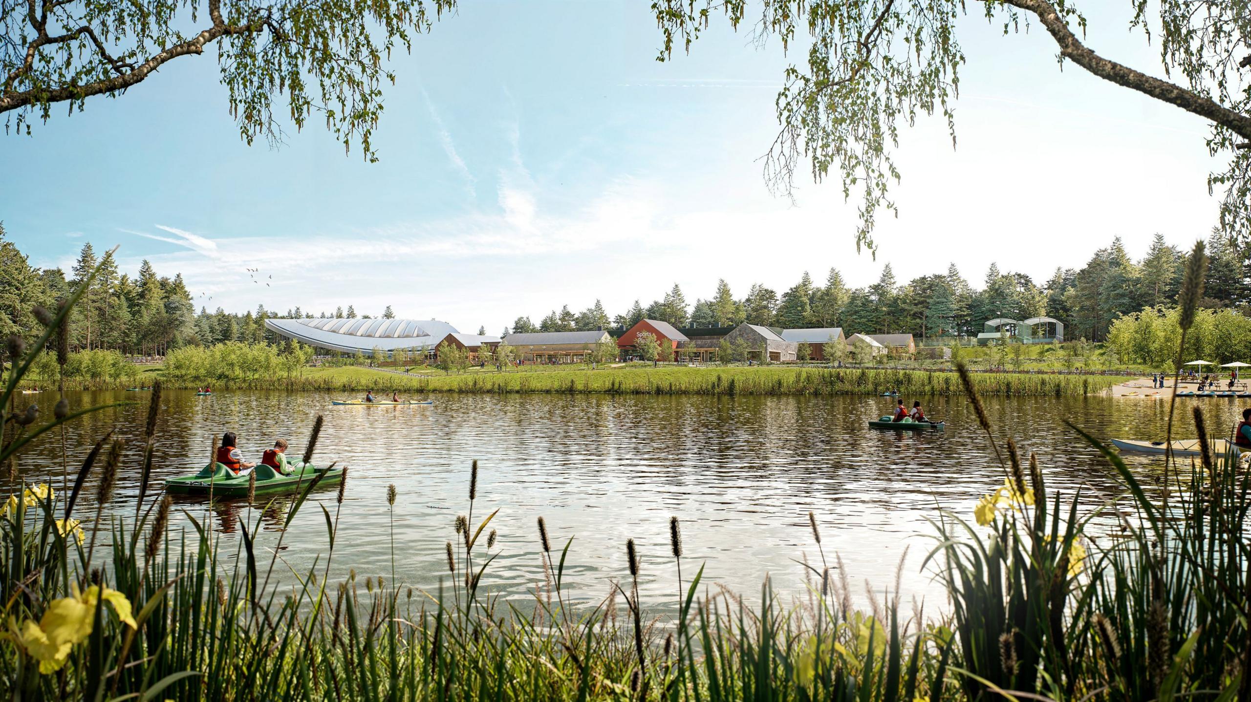 A large pond with bullrushes in the foreground and a green pedalo with two people in the water
