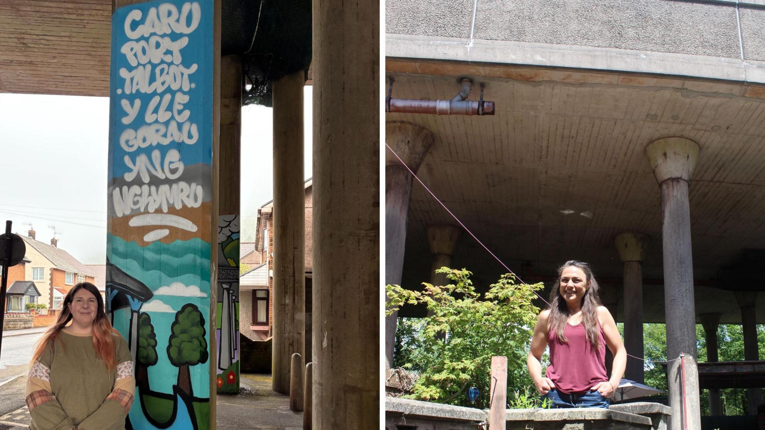 Dau lun: ar y chwith mae Aimee, menyw yn ei 30au mewn siwmper khaki, sy'n sefyll o flaen colofn goncrit ag arno furlun graffiti Cymraeg gyda'r neges 'Caru Port Talbot Y Lle Gorau Yng Nghymru'
Ar y dde mae Norelle, mewn fest piws, yn rhan o'i gardd sydd o dan y ffordd ac yn cynnwys sawl colofn goncrit