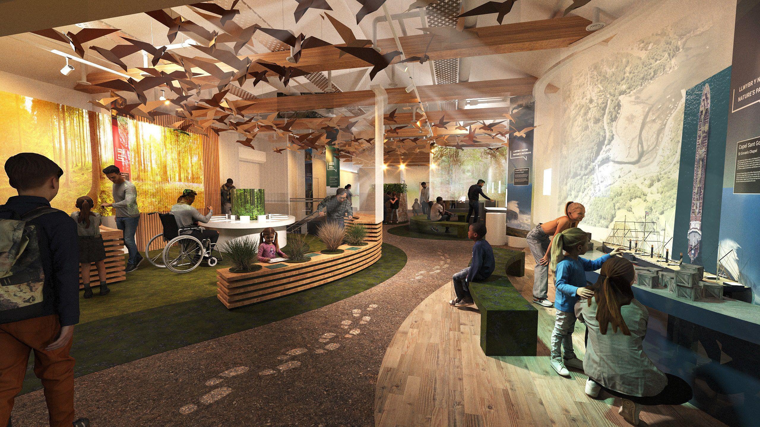 A computer-generated image that shows some of the potential interactive exhibitions.