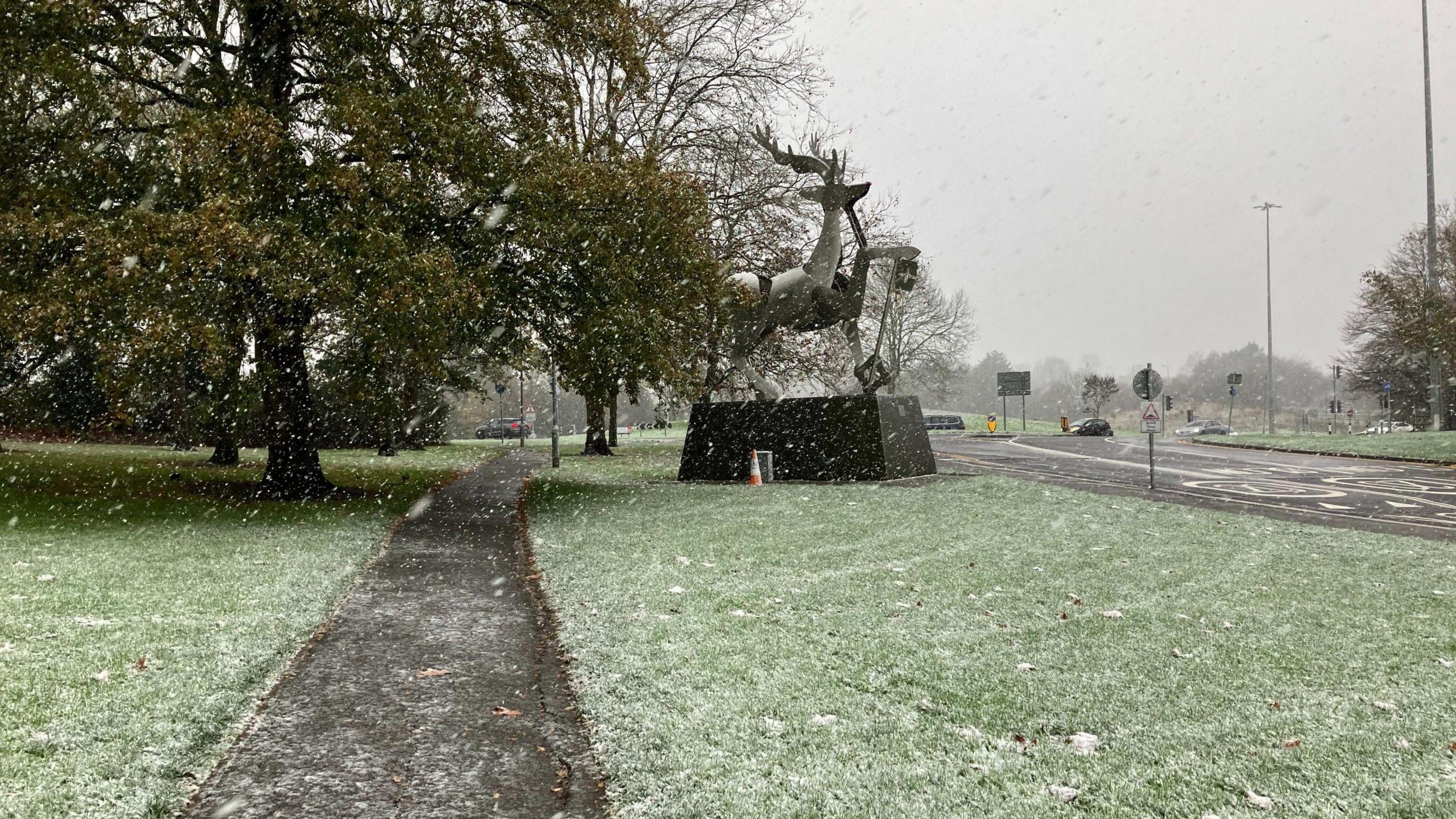 The steel statue of a stag in the centre of Guildford's University of Surrey campus and the lawn and path around it is decorated with a light flurry of snow.