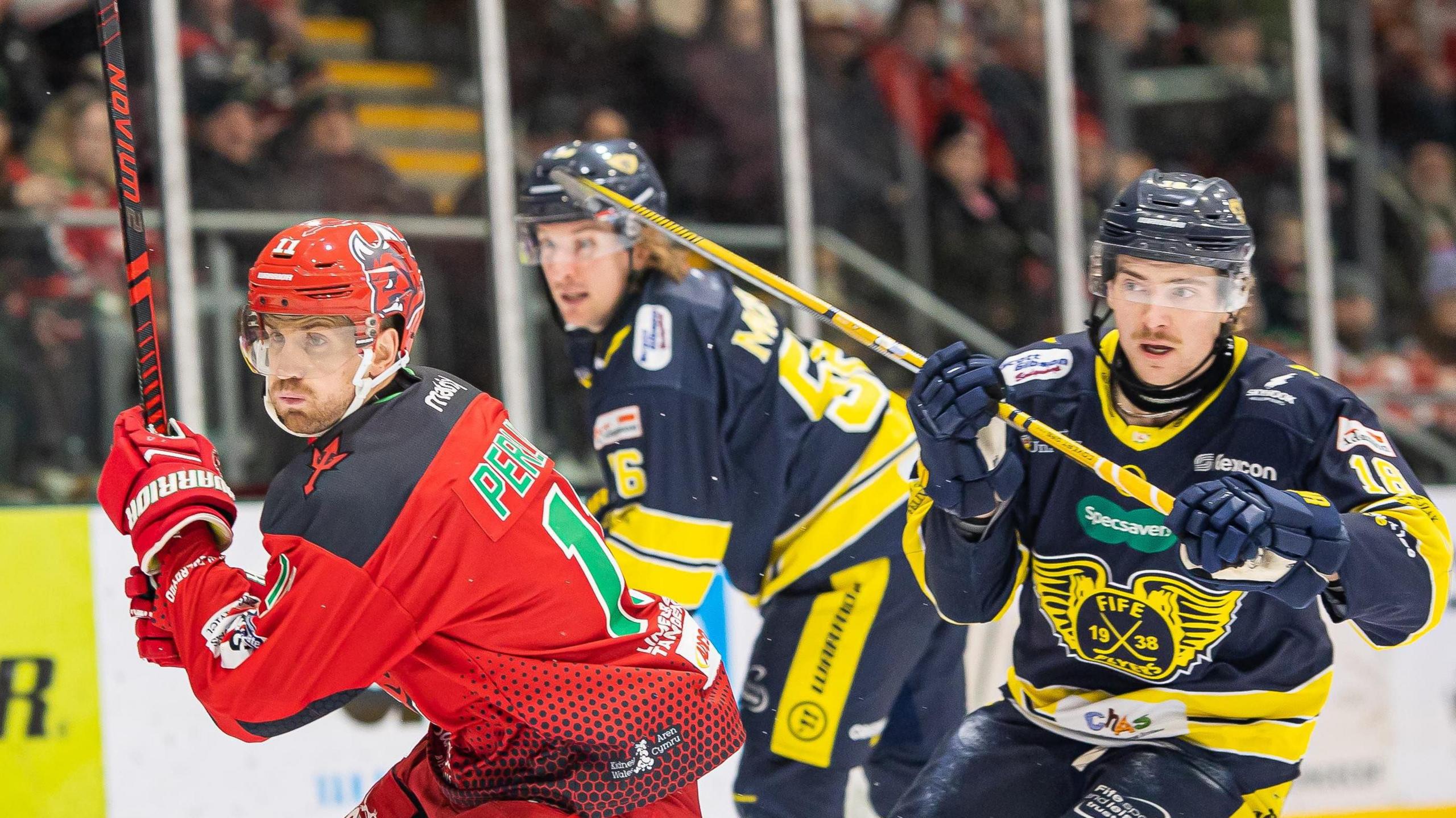 Brett Perlini of Cardiff Devils (L) and Keaton Jameson of Fife Flyers