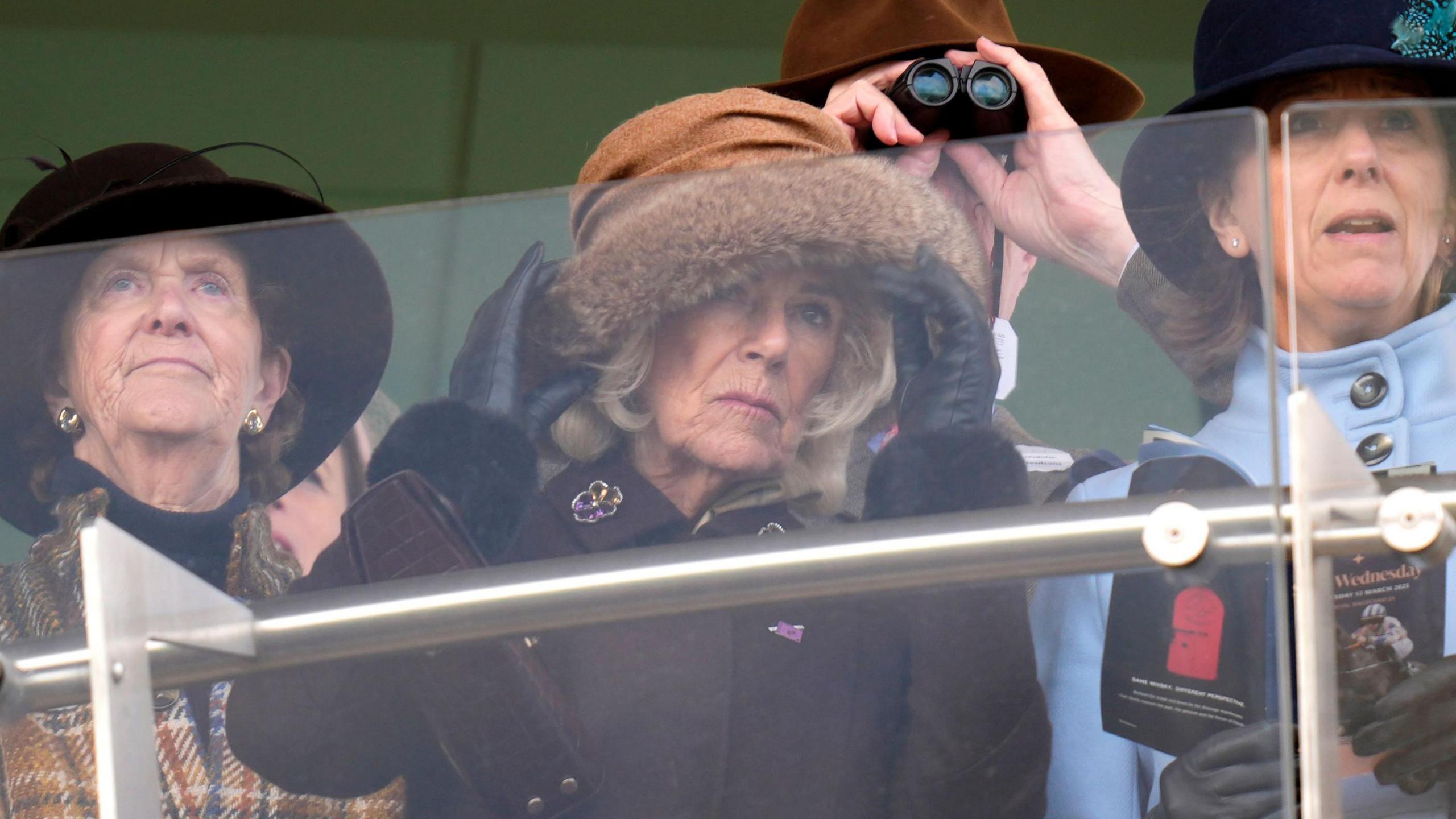 The Queen watching the BetMGM Queen Mother Champion Chase in the royal box standing in front of a glass barrier flanked by two other women. She's wearing a beige hat trimmed with fur, a brown coat and carrying a matching handbag. 