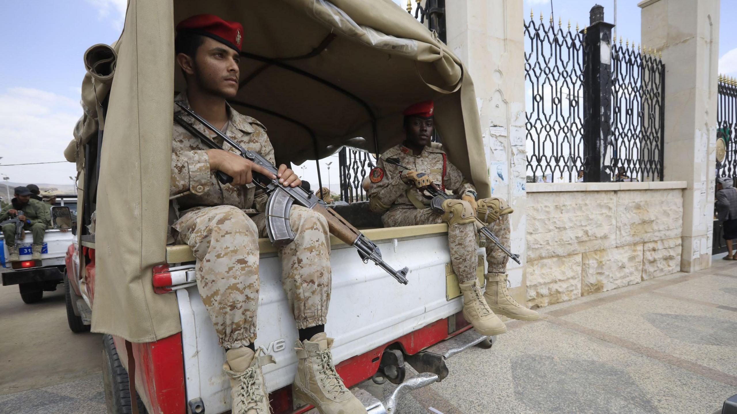 Houthi fighters riding a vehicle on patrol in Sana'a, Yemen. File photo