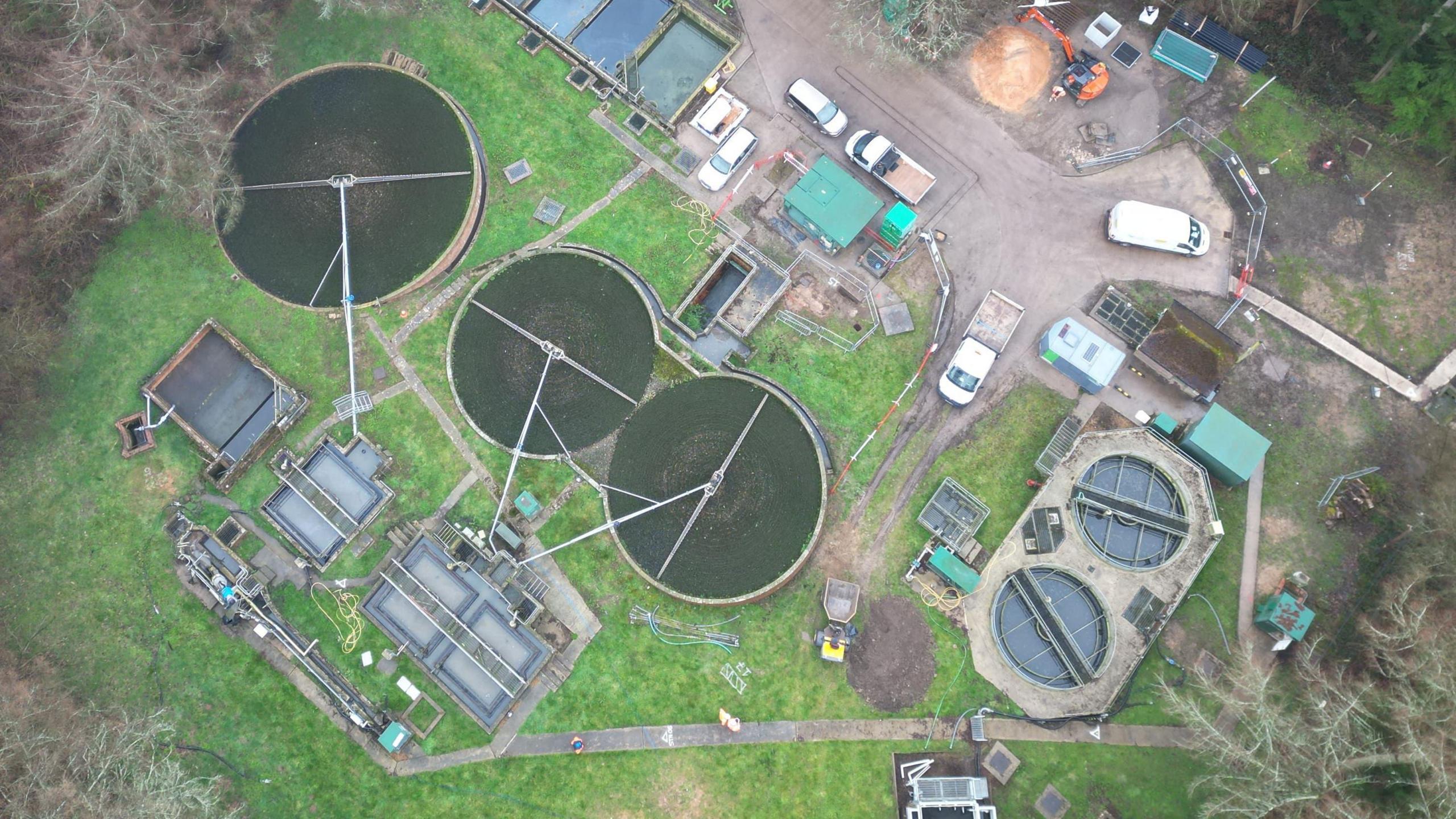 An aerial view of the wastewater treatment works in Handcross.