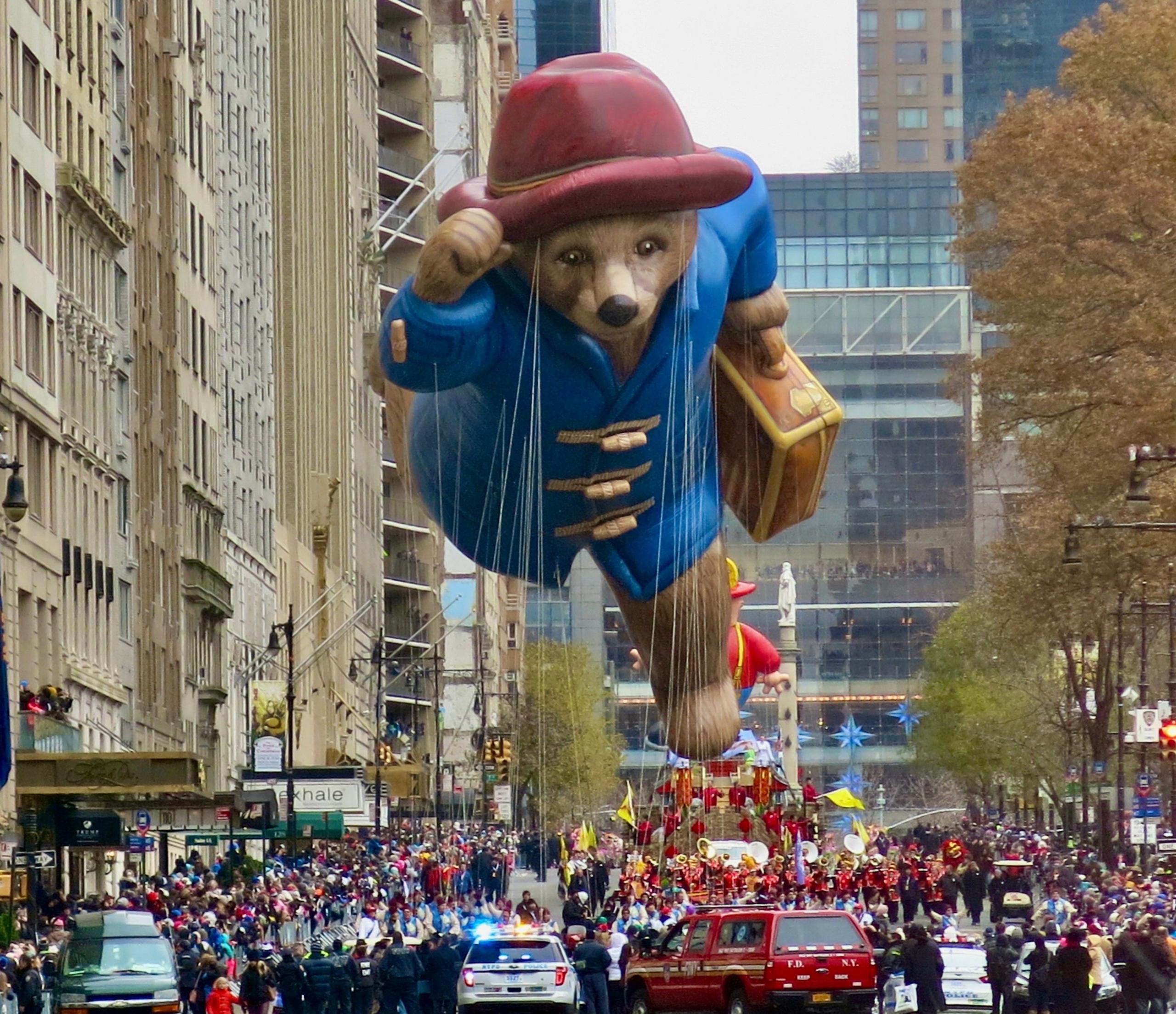 Large balloon of Paddington Bear is pulled down the road by a crowd on the ground