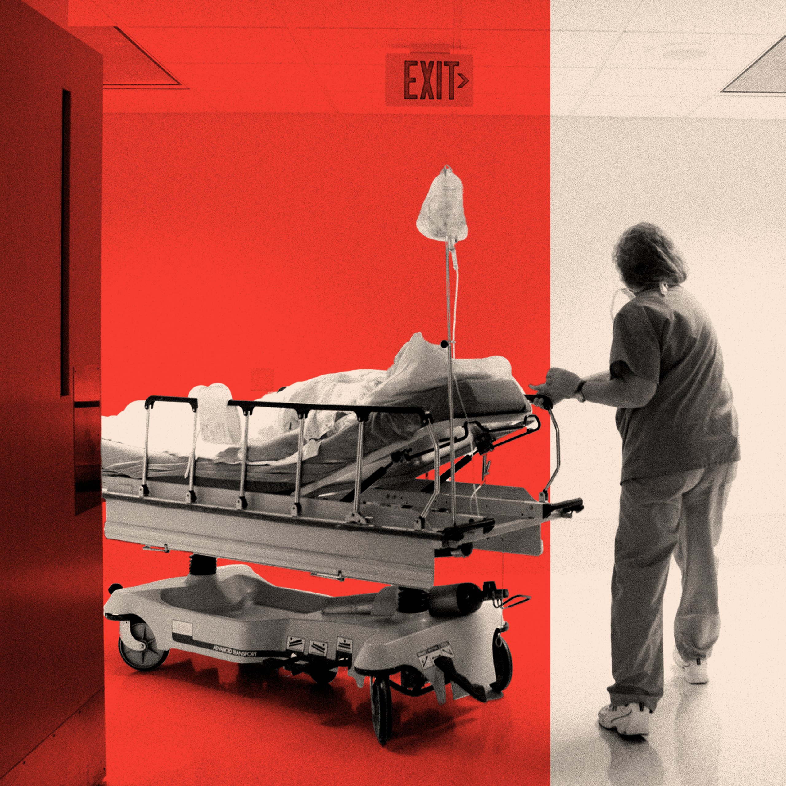 An edited image of a patient lying in a hospital bed, with a nurse standing nearby, her back turned.