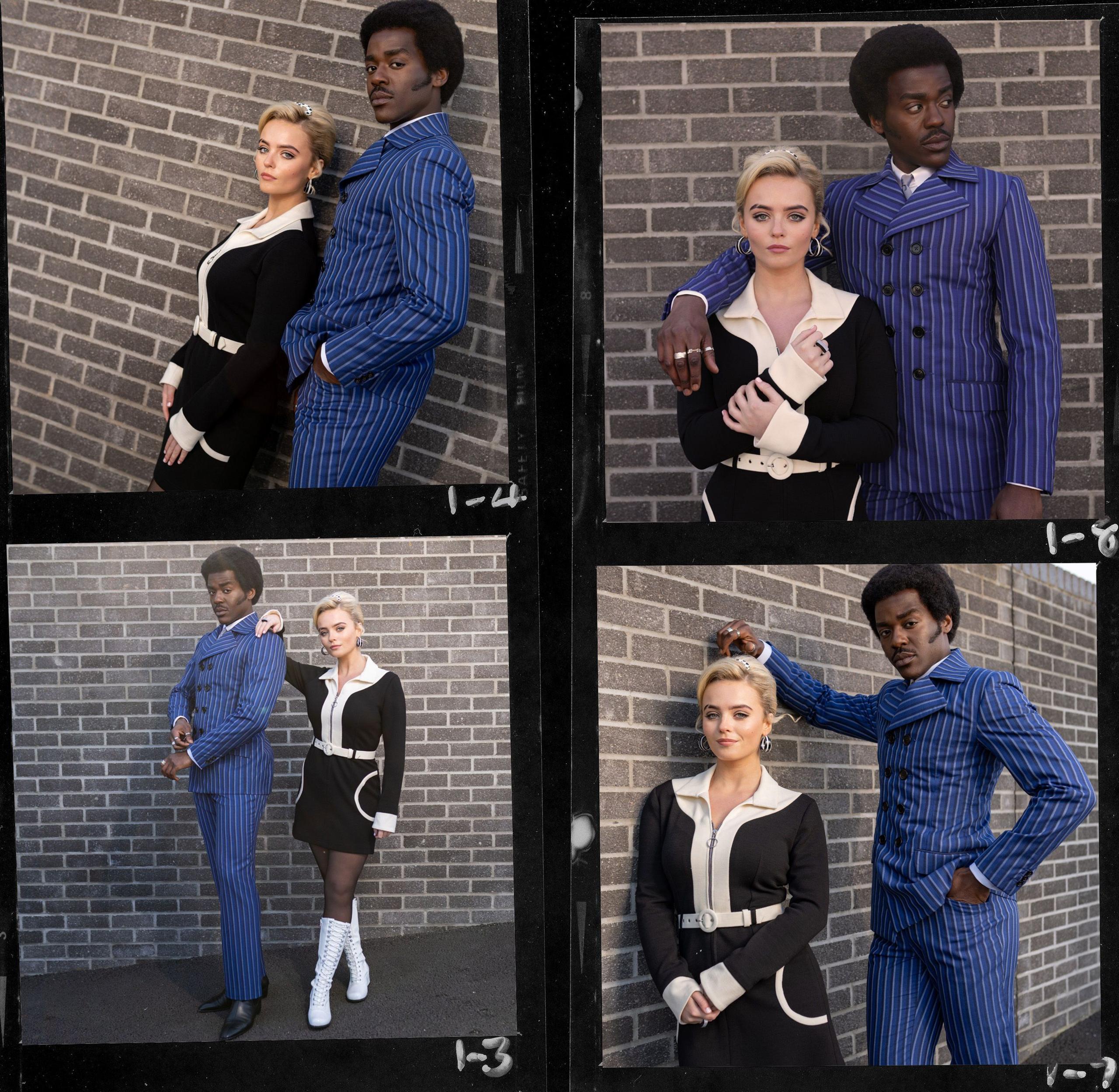 Series of 4 images of Millie Gibson and Ncuti Gatwa in their 1960s costumes for The Devil's Chord