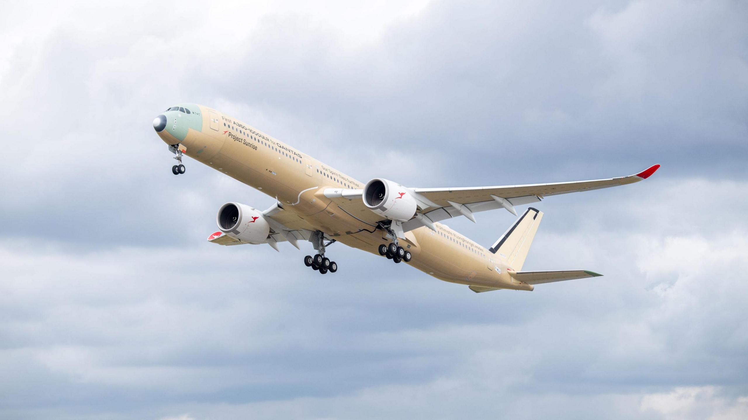 A large cream-coloured plane flights upwards against a cloud blue sky.