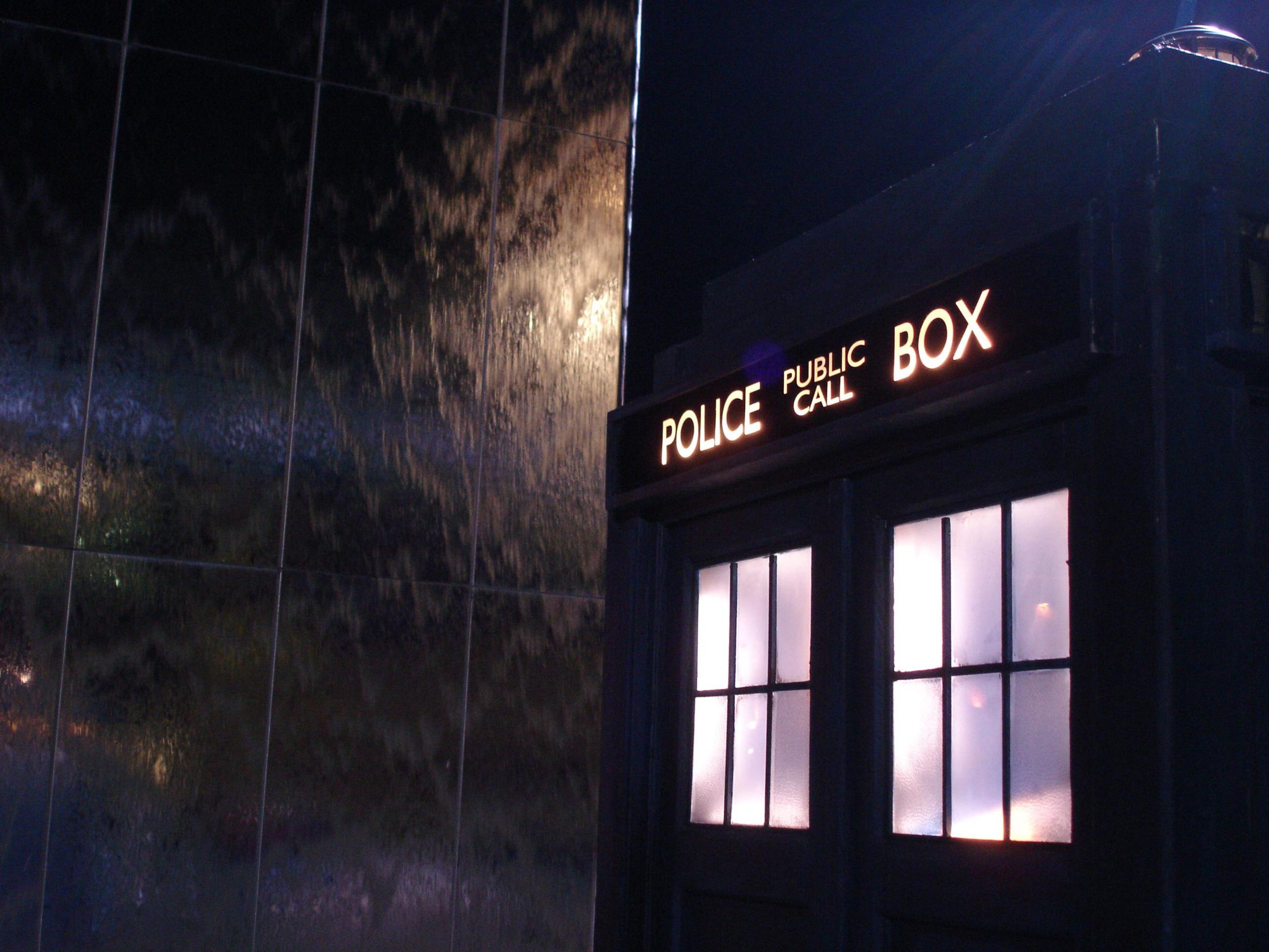 The top of the TARDIS, with the light from its windows and Police Box sign illuminating the nearby water-feature