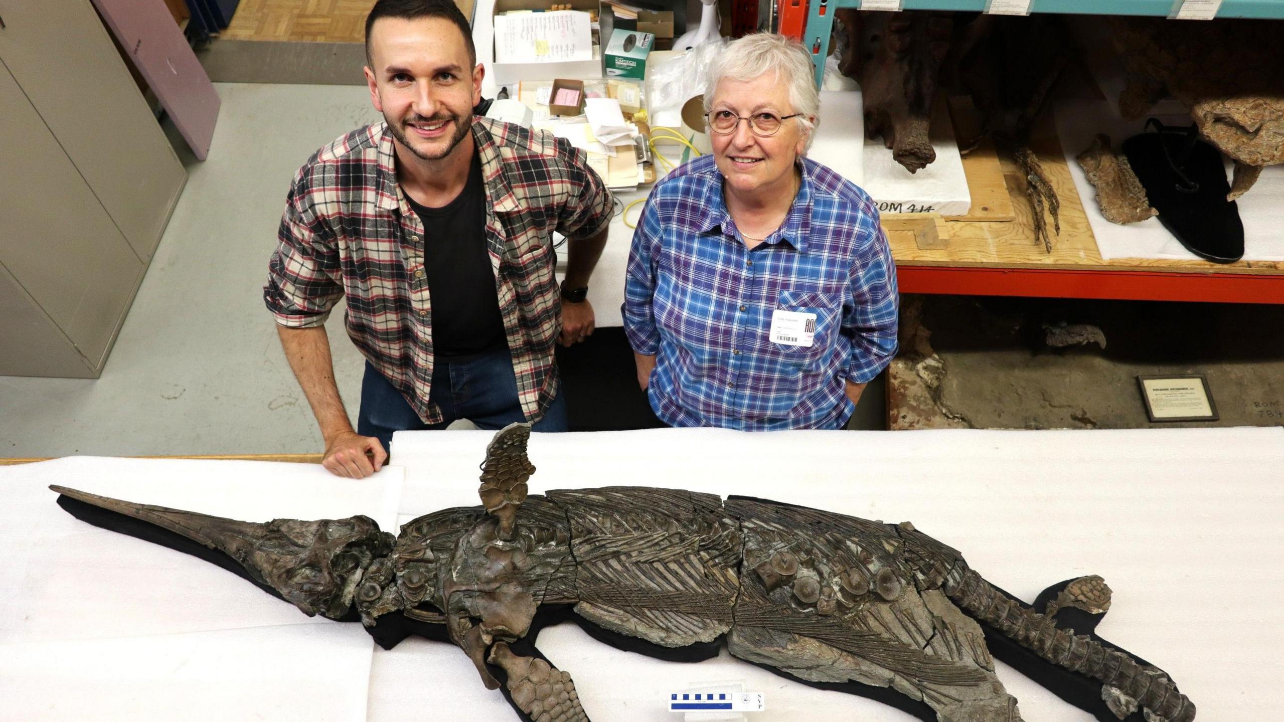Dr Dean Lomax and Professor Judy Massare standing in front of the Xiphodracon which is laying on a table. Dean has short dark hair and is wearing a chequered shirt, and black t-shirt. Judy has short grey hair and is wearing glasses, as well as a chequered shirt.