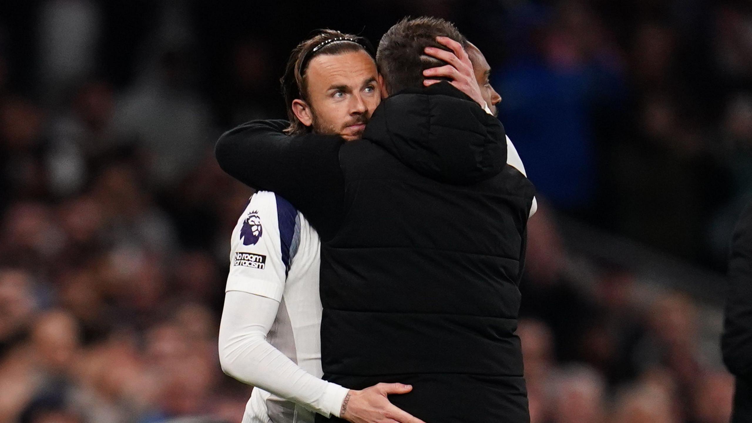 James Maddison is embraced by Roberto de Zerbi