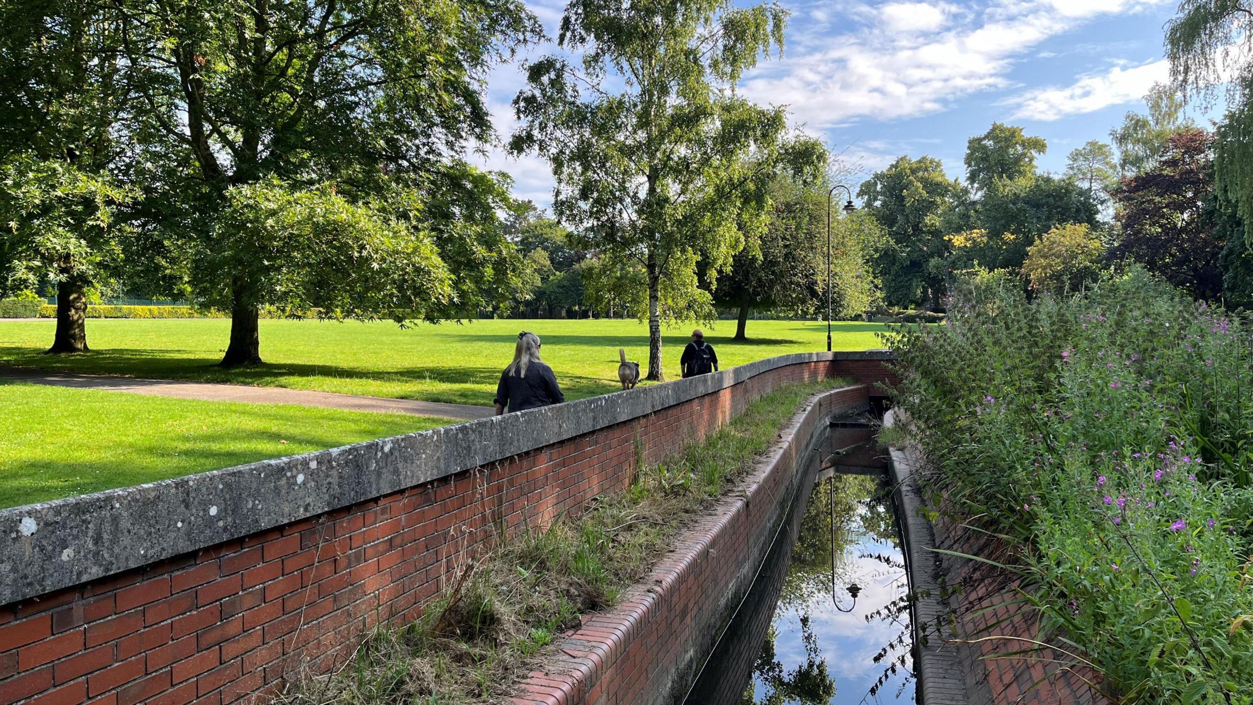 A stream runs through a grassy park area on the left and vegetation on the right