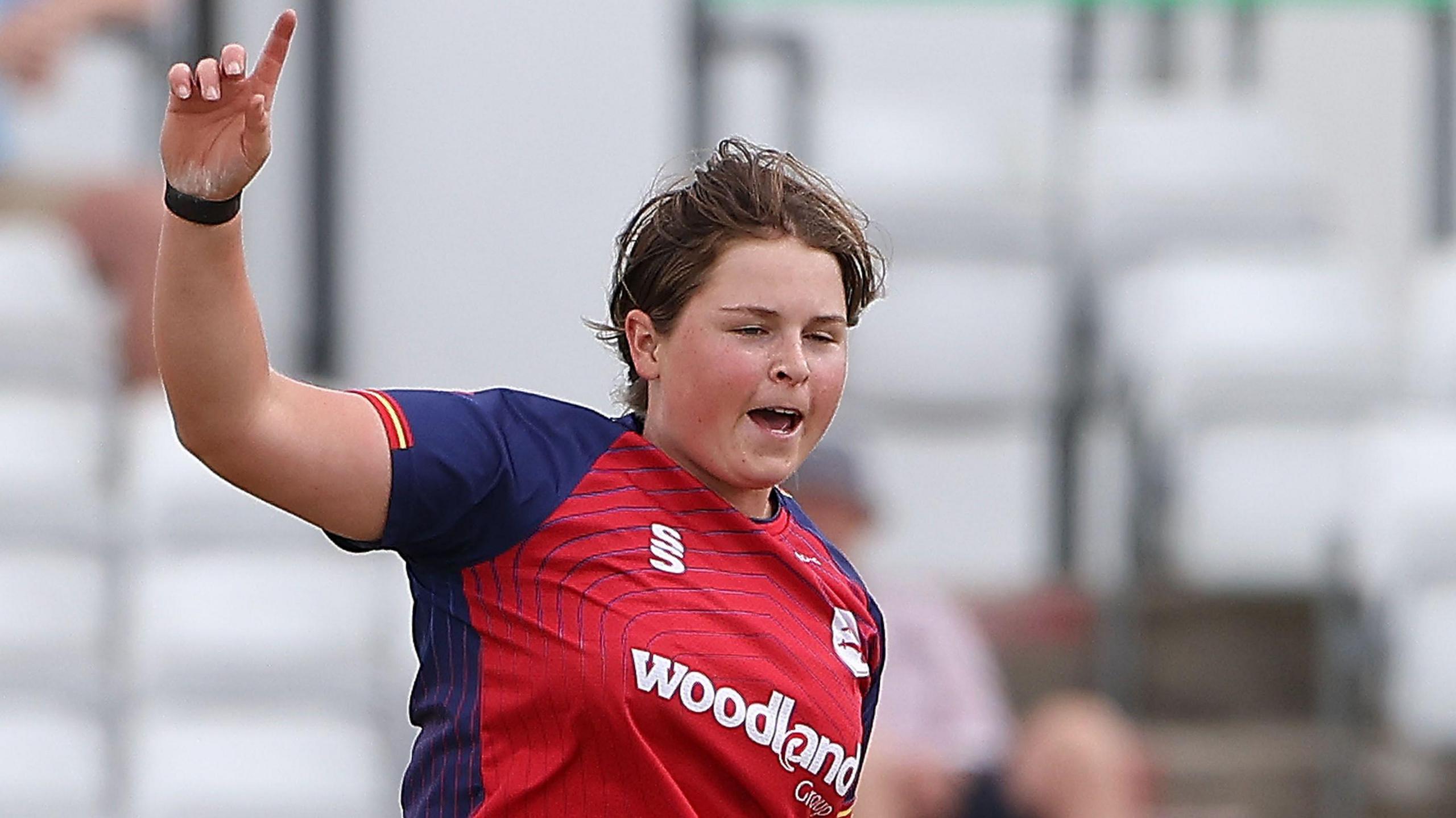 Grace Scrivens celebrating taking a wicket for Essex