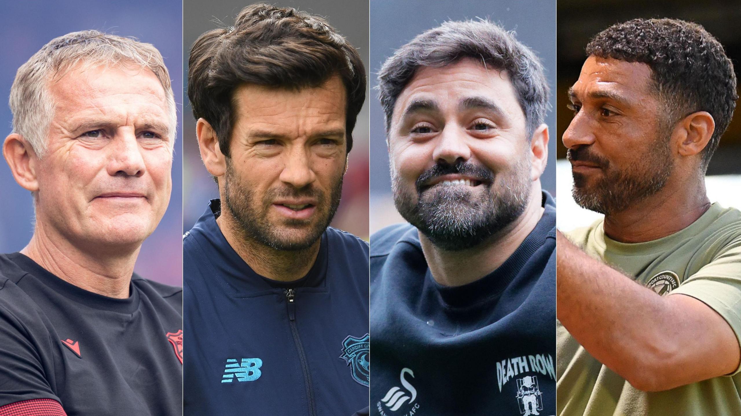 Rheolwr Wrecsam Phil Parkinson, rheolwr Caerdydd Brian Barry-Murphy, rheolwr Abertawe Vitor Matos a rheolwr Casnewydd Hayden Mullins. 