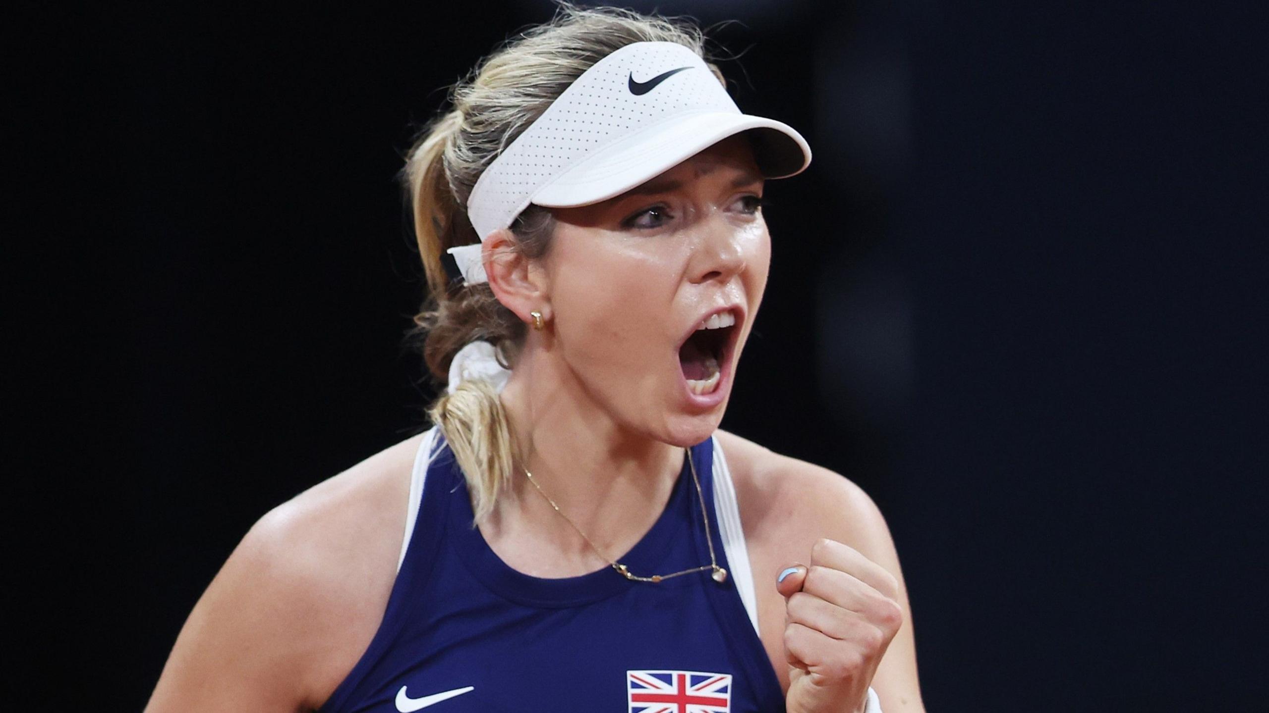 Katie Boulter celebrates victory for Great Britain at the Billie Jean King Cup qualifying against Germany