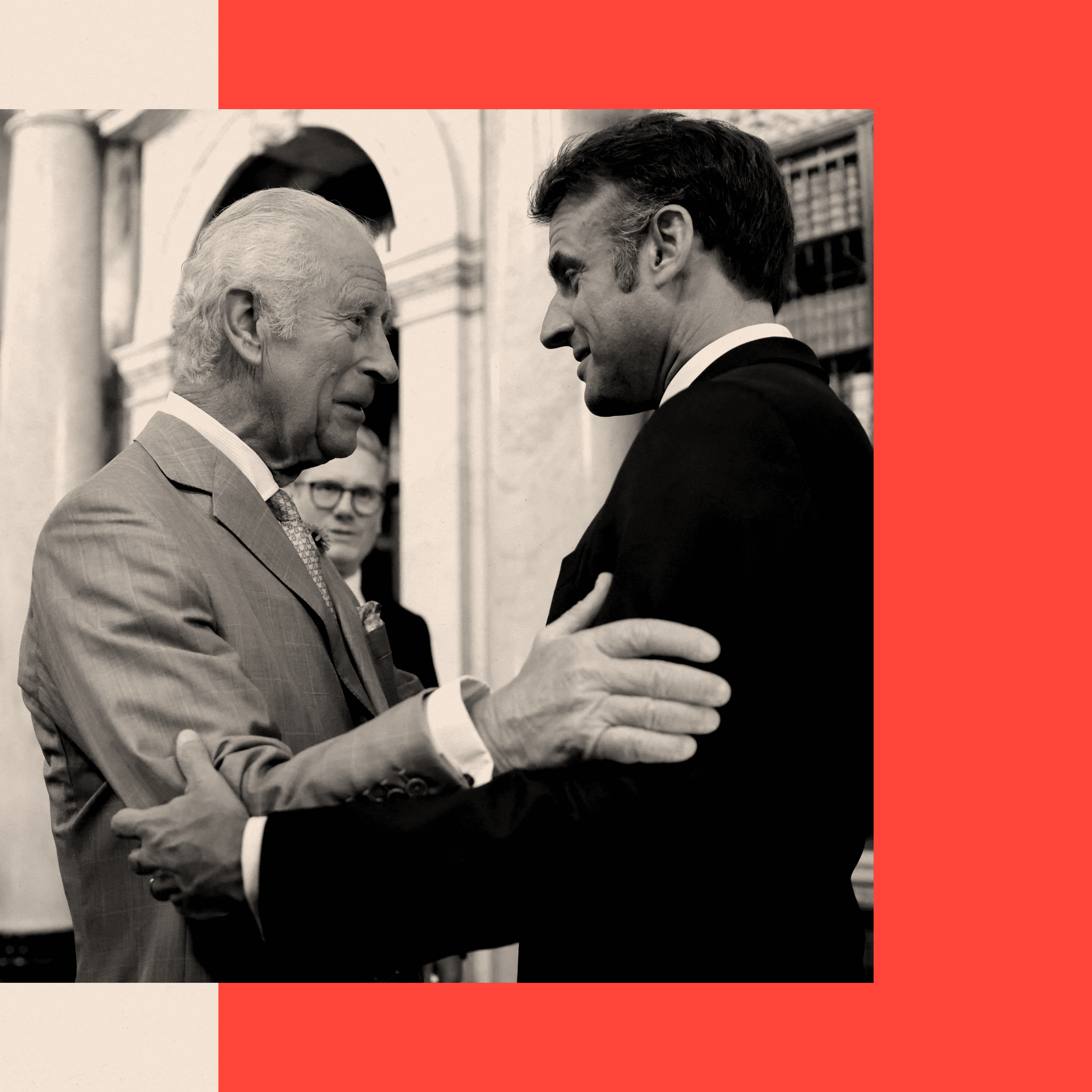 Treated image of King Charles and Emmanuel Macron.