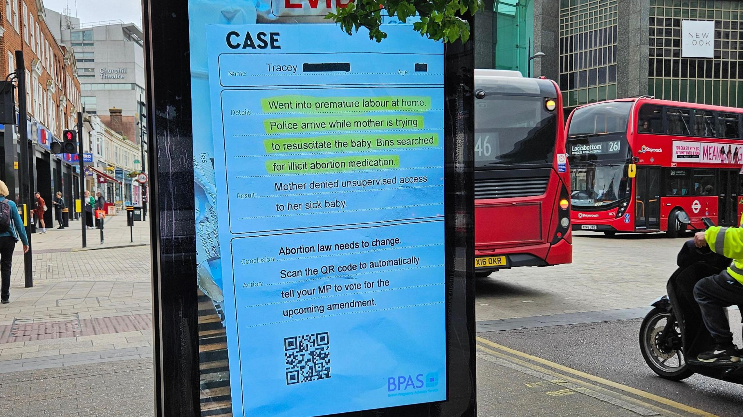A photo of the BPAS advert on a electronic billboard in London