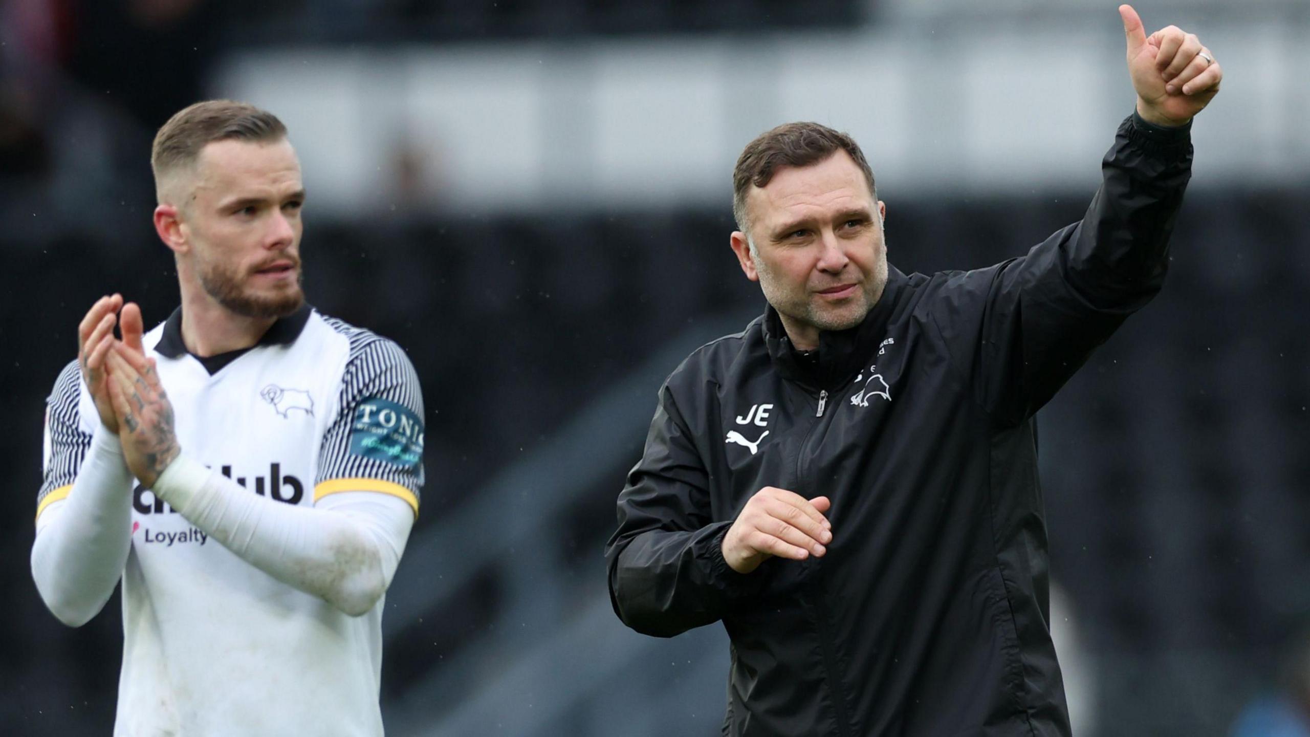 John Eustace with his thumbs up after Derby beat Blackburn