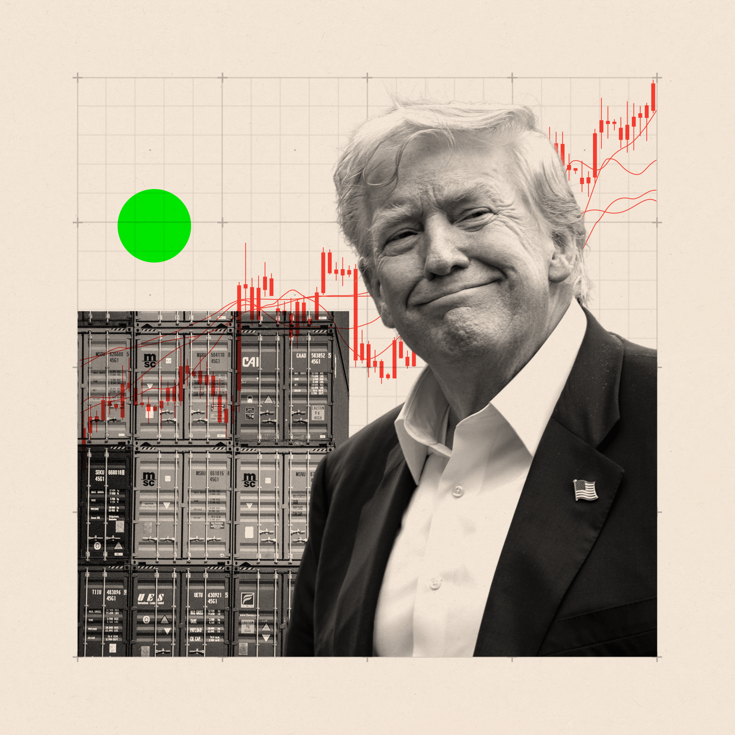 A treated image of Donald Trump edited in front of shipping containers