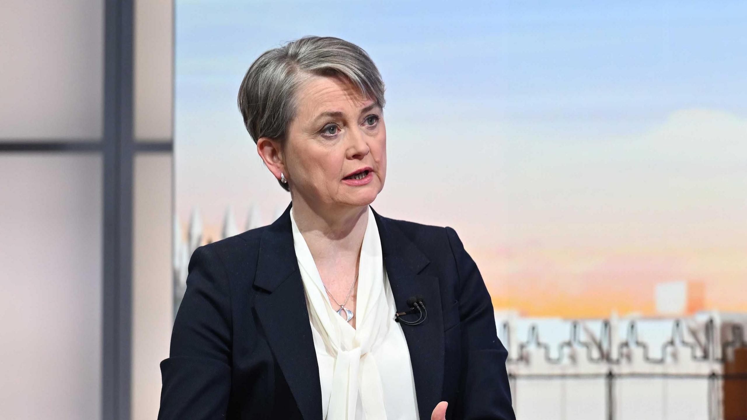 Yvette Cooper, pictured in 2024, in a BBC studio in a black blazer and a white blouse