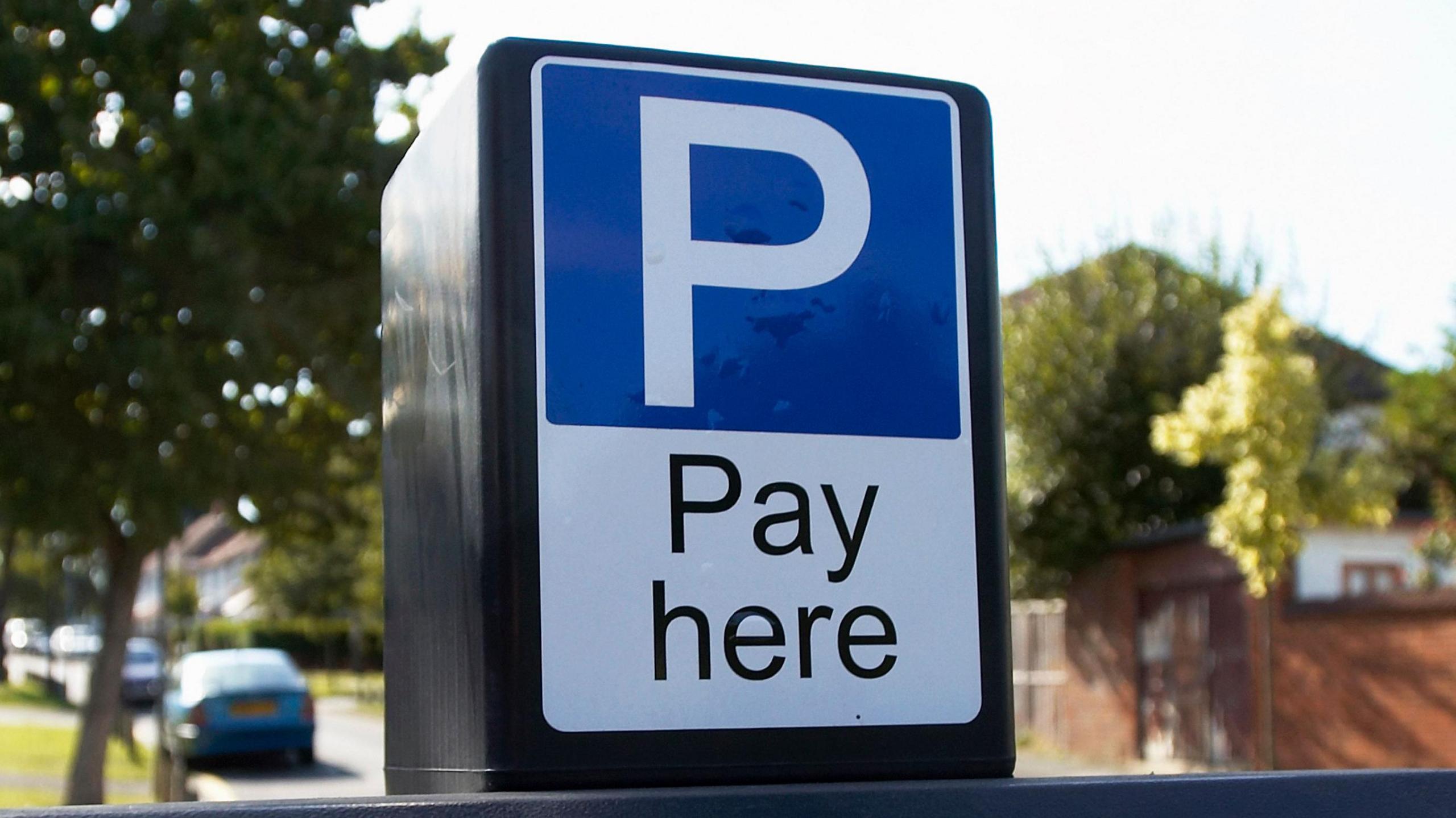 A parking sign sign says "pay here" below a white P in front of a blue background.