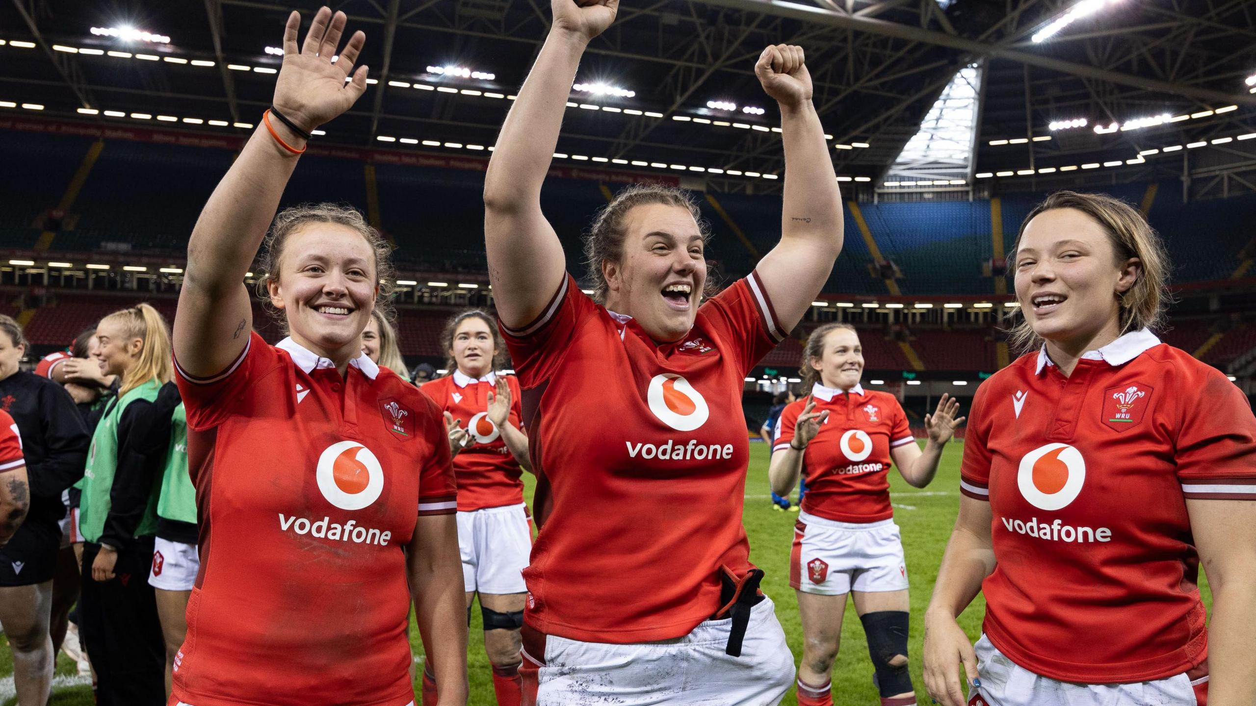 Lleucu George, Carys Phillips and Alisha Butchers celebrate victory