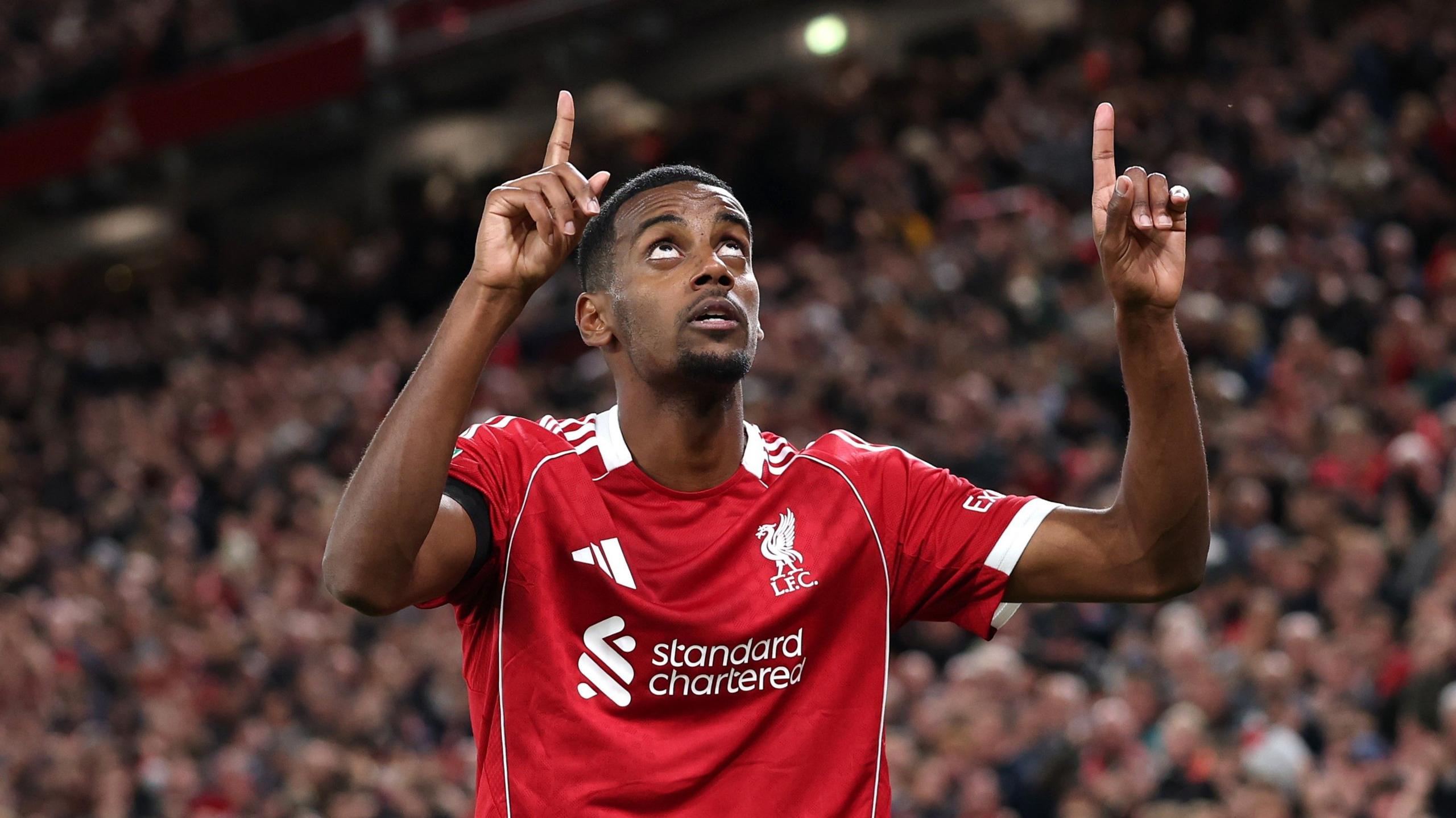 Alexander Isak celebrates scoring first goal for Liverpool in Carabao Cup