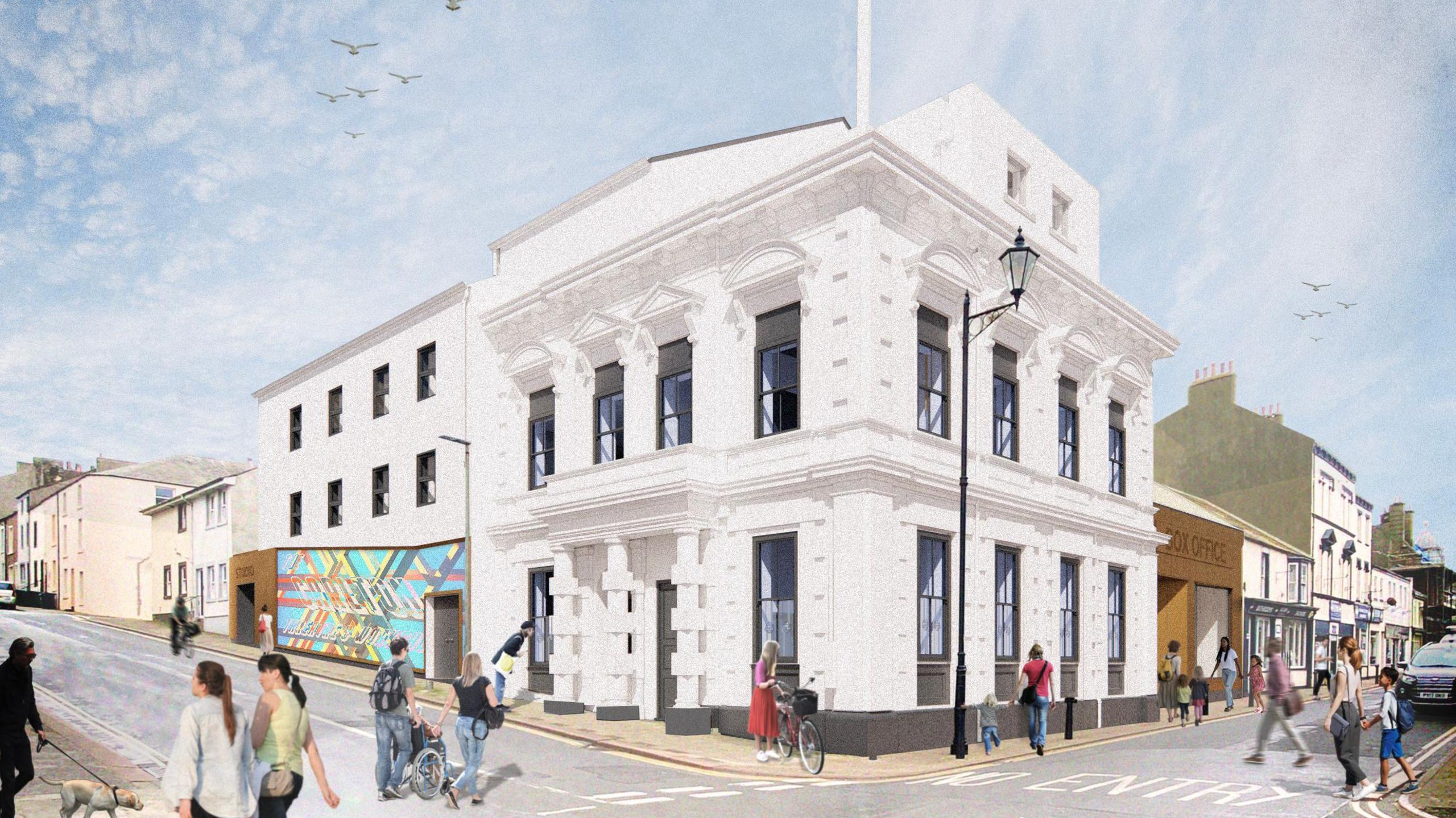 An artist's impression of the completed redevelopment of the former Carlton Cinema. It is an ornate three-storey building on a street corner, painted white with black window frames. A number of people are walking past.