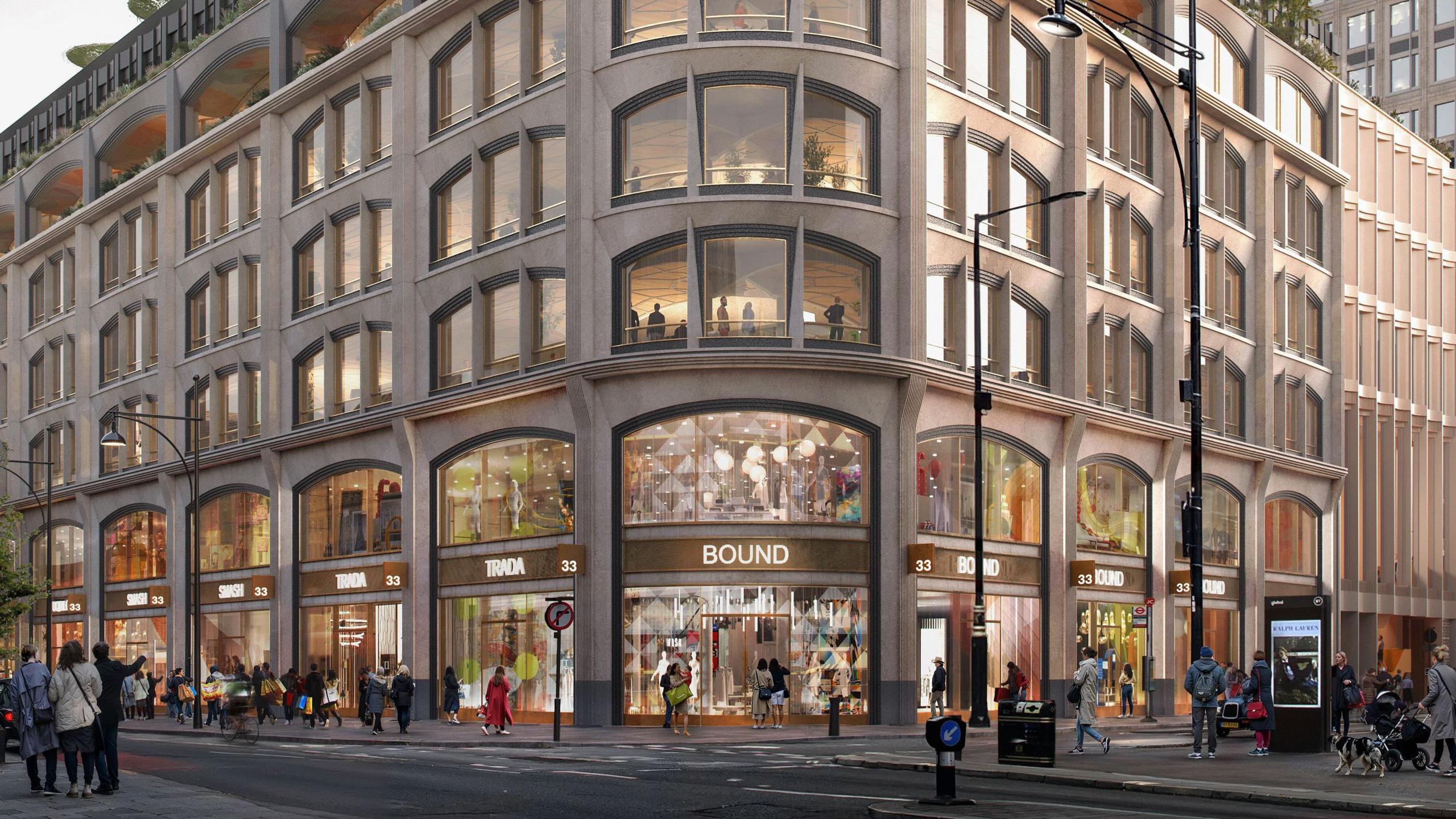A computer generated image of the exterior of the proposed development, which shows a variety of shops on the ground floor.