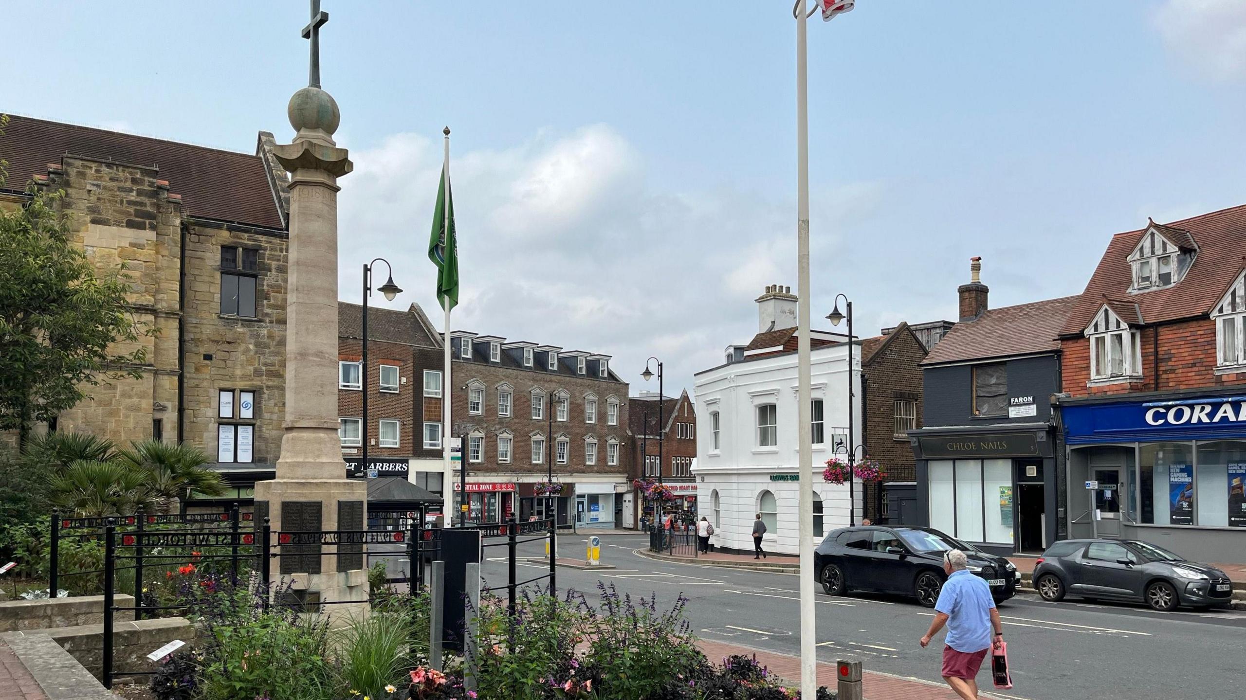 The High Street in East Grinstead town centre near the war memorial