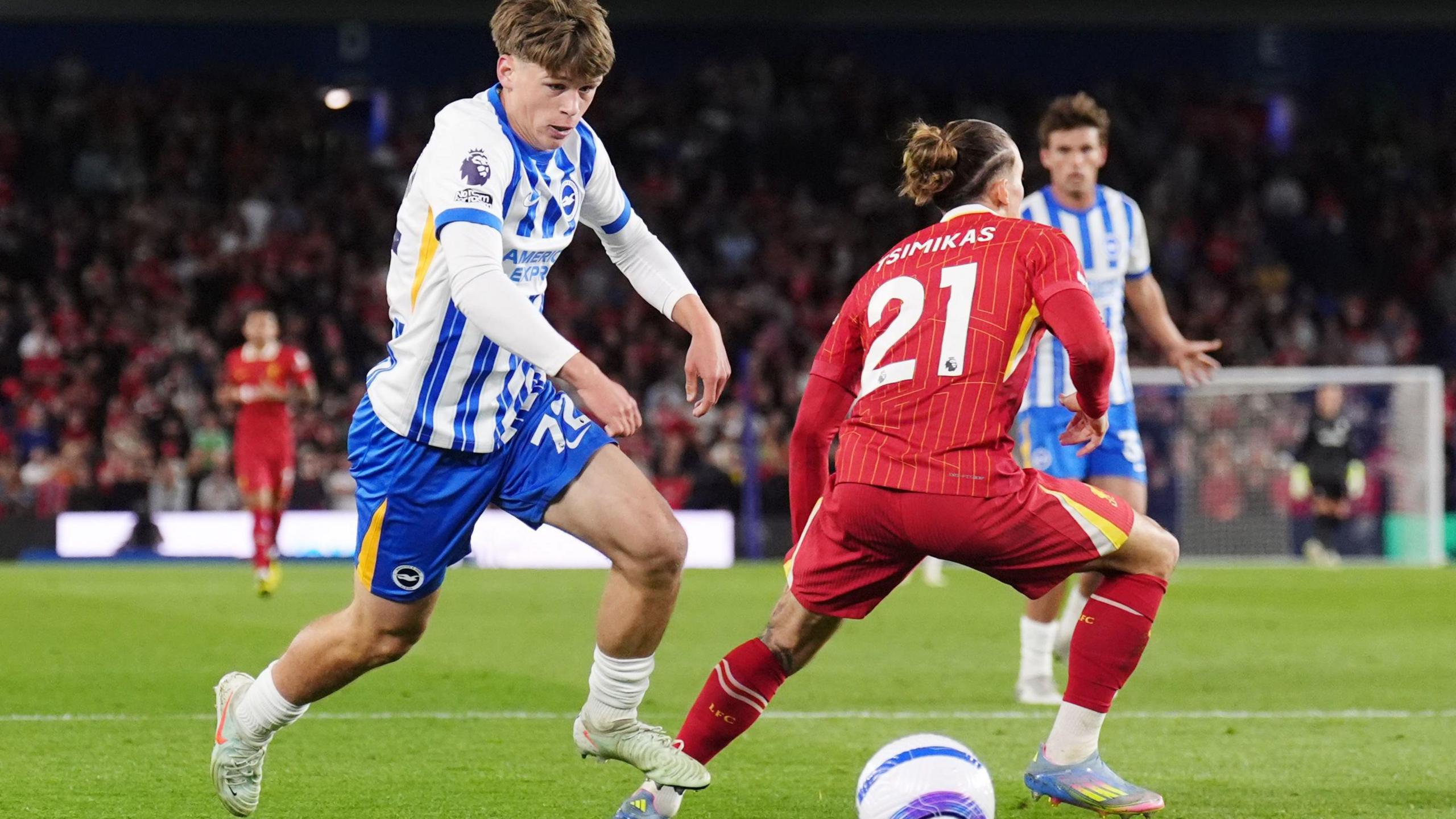 Brighton midfielder Harry Howell in action against Liverpool on his senior debut last season