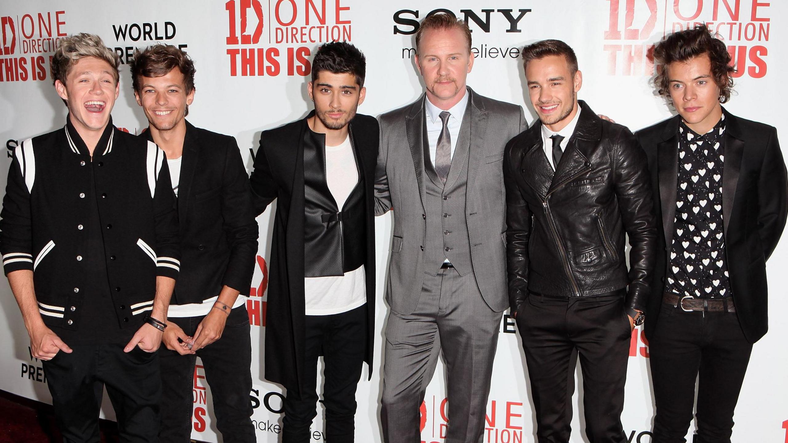 Niall Horan, Louis Tomlinson, Zayn Malik, Morgan Spurlock, Liam Payne and Harry Styles attend the World Premiere of 'One Direction: This Is Us 3D' at Empire Leicester Square on August 20, 2013 in London