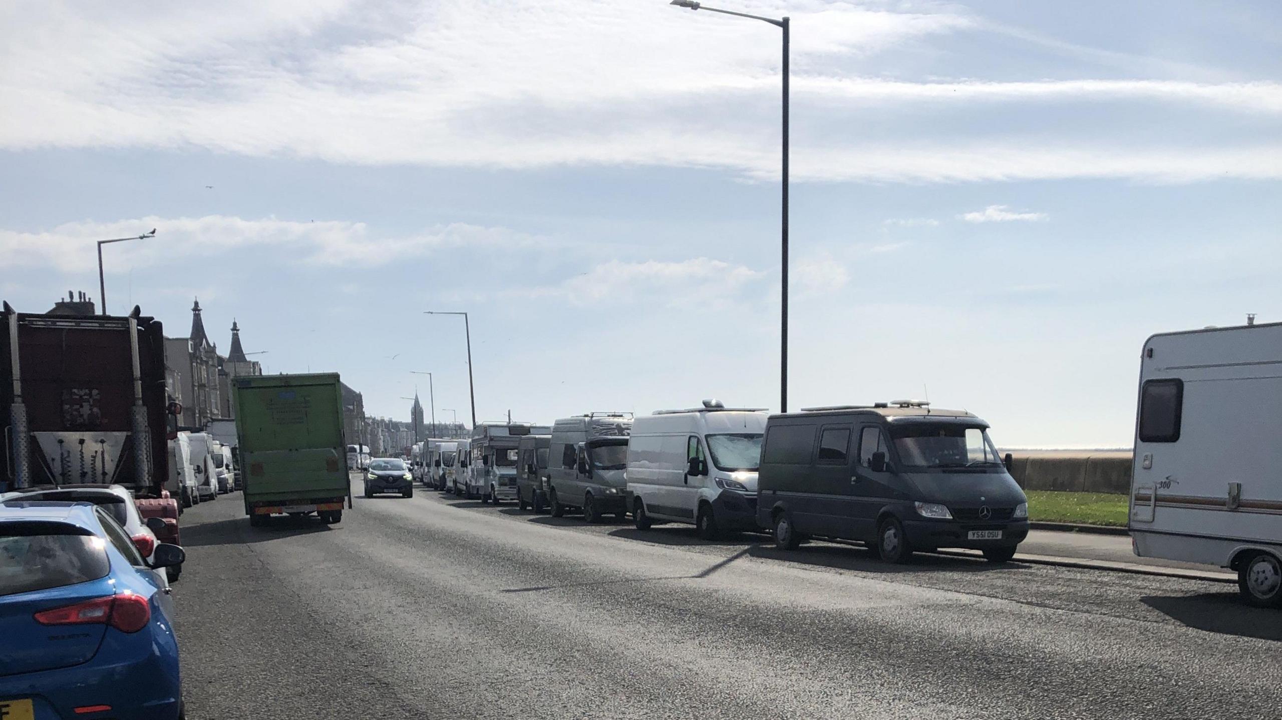 Vans and motorhomes parked on Morecambe Promenade