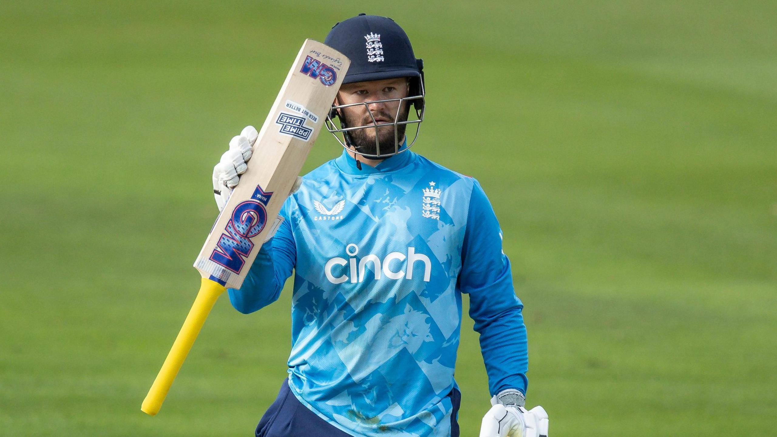 Ben Duckett celebrates a century for England against Ireland in an ODI