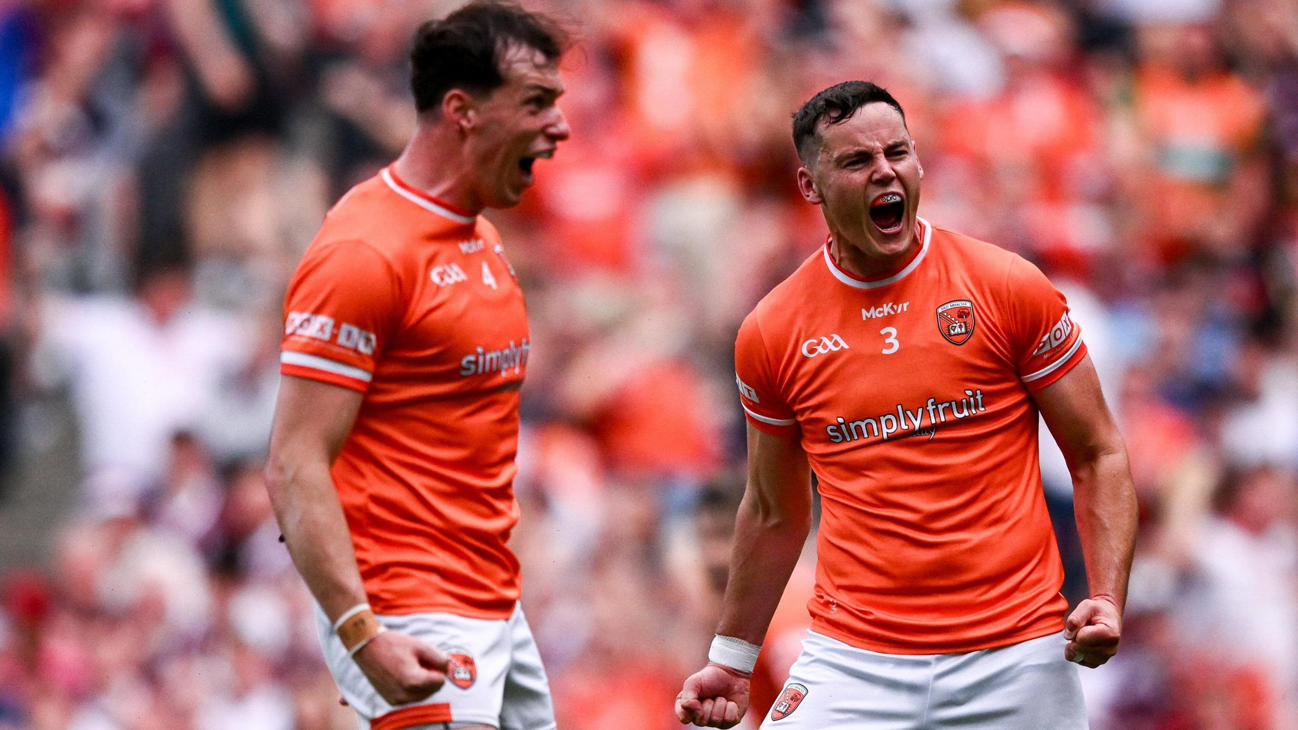 Barry McCambridge and Aaron McKay celebrate after the latter scored Armagh's goal in the All-Ireland Final