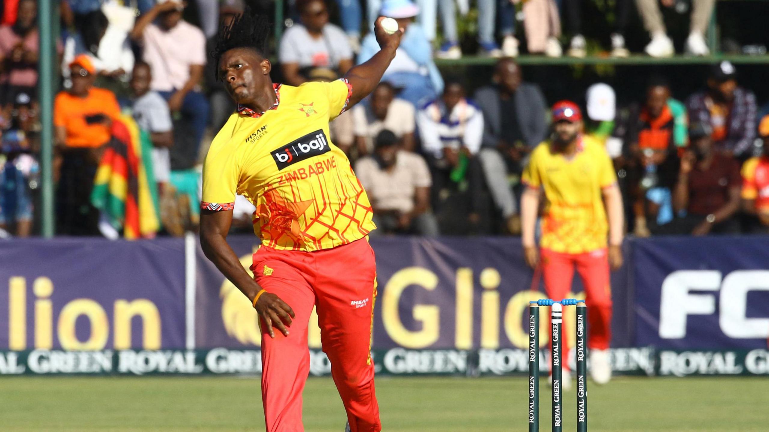 Zimbabwe's Richard Ngarava bowls during a Twenty20 international in 2024