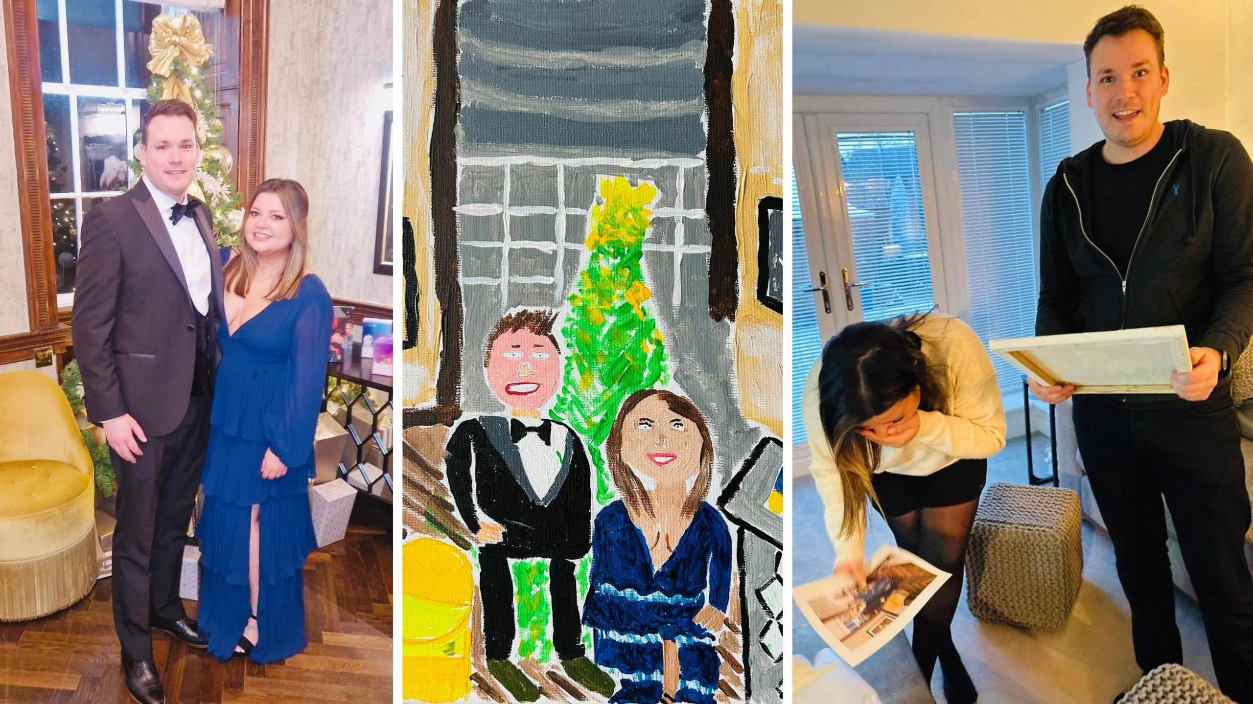 Three images. Left, a man and woman stand in front of a Christmas tree and large grand window. The man is dressed in a black suit and bowtie with a white shit. The woman wears a full length, v-neck blue dress. She has long brown hair. The middle image is a painting bearing some resemblance to the image on the left. The colours are very garish and the man and woman appear to be very short. The image on the right shows the same couple in casual clothing. The woman is bent over laughing, holding a photograph. The man looks confused, holding a canvas. They stand in a white living room with French doors.