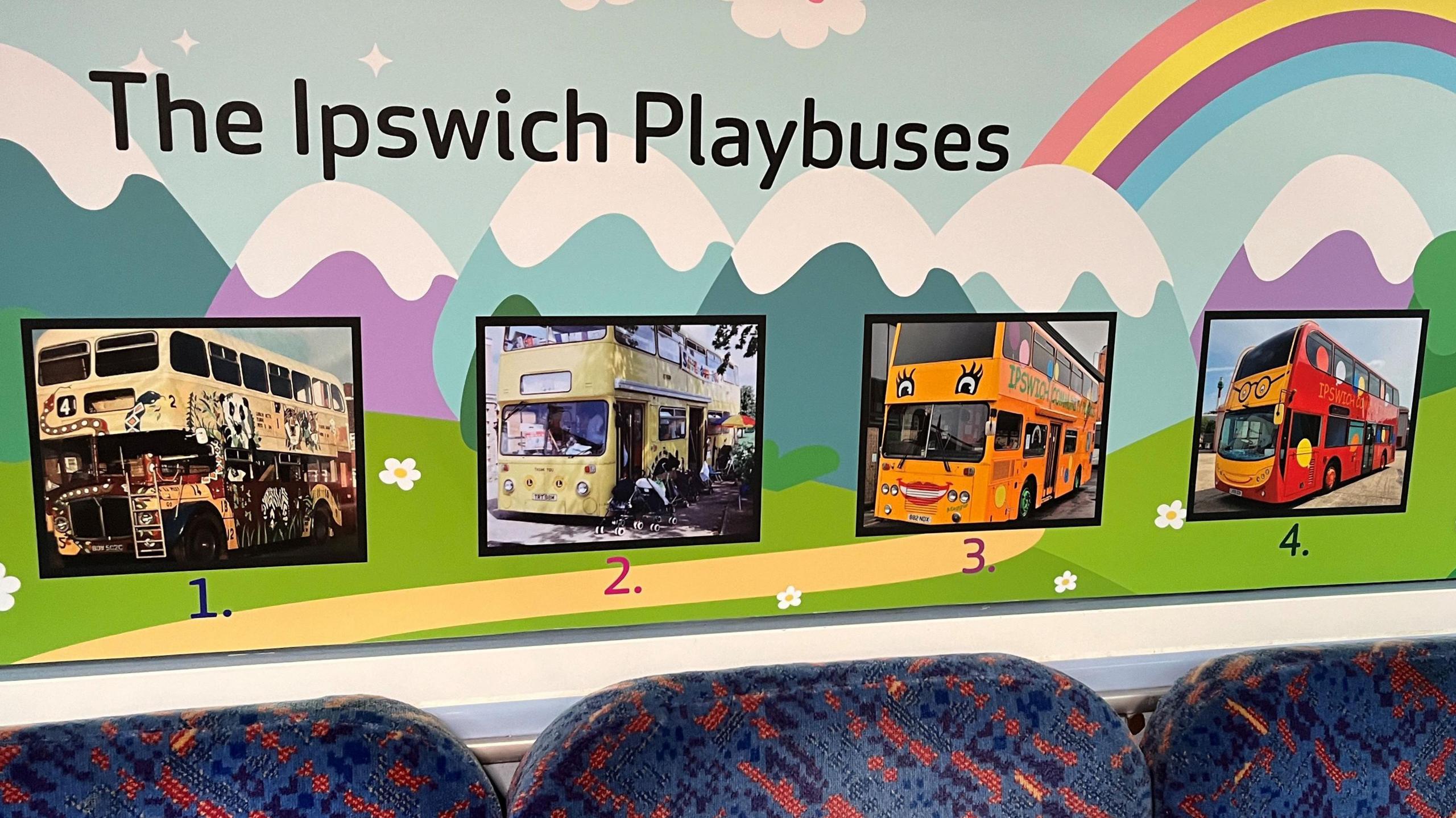 Four pictures of the different play buses against colourful backdrop with mountains and a rainbow.