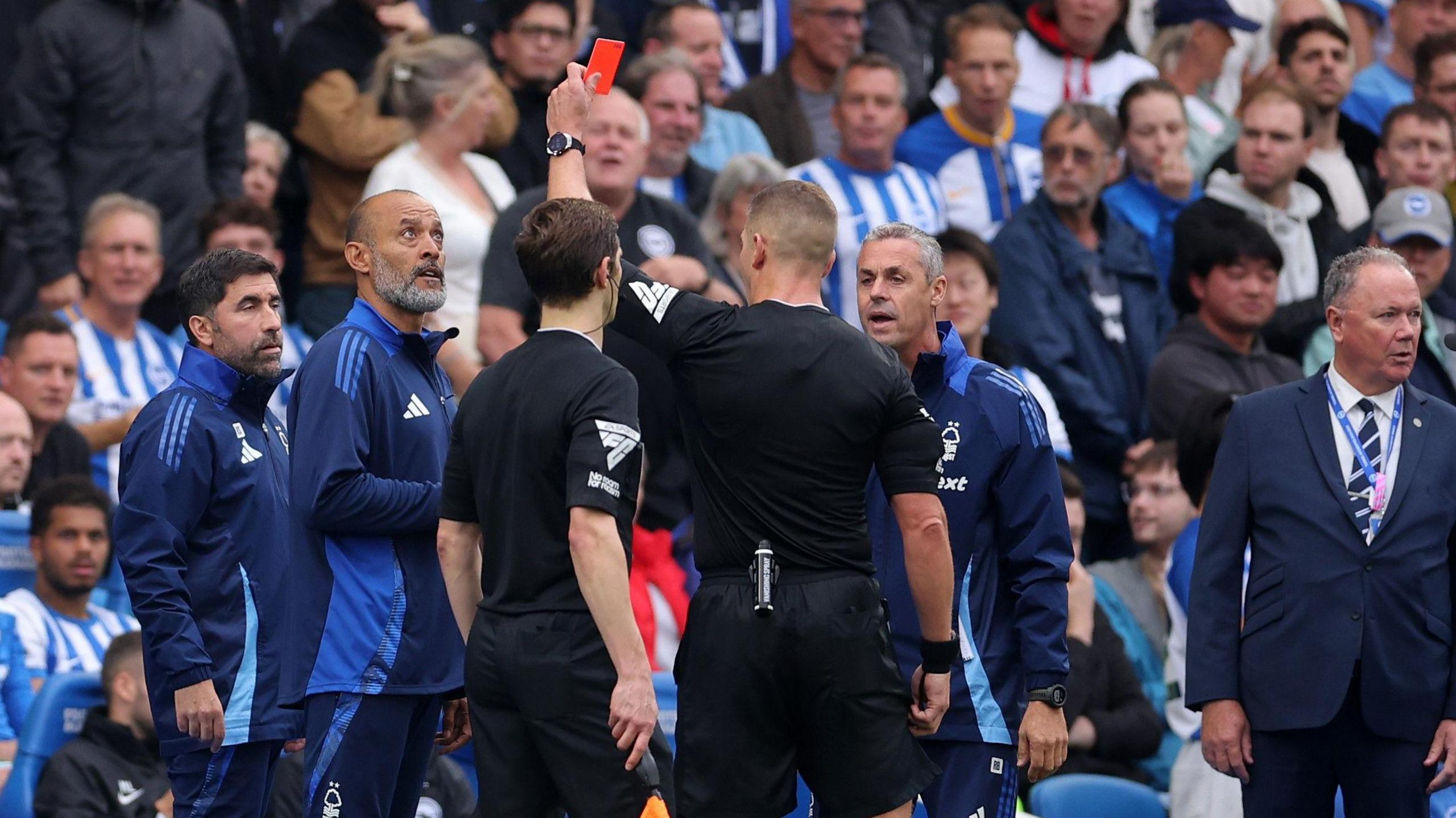 Nottingham Forest boss Nuno Espirito Santo looks up at the red card as he is sent off by referee Robert Jones at Brighton