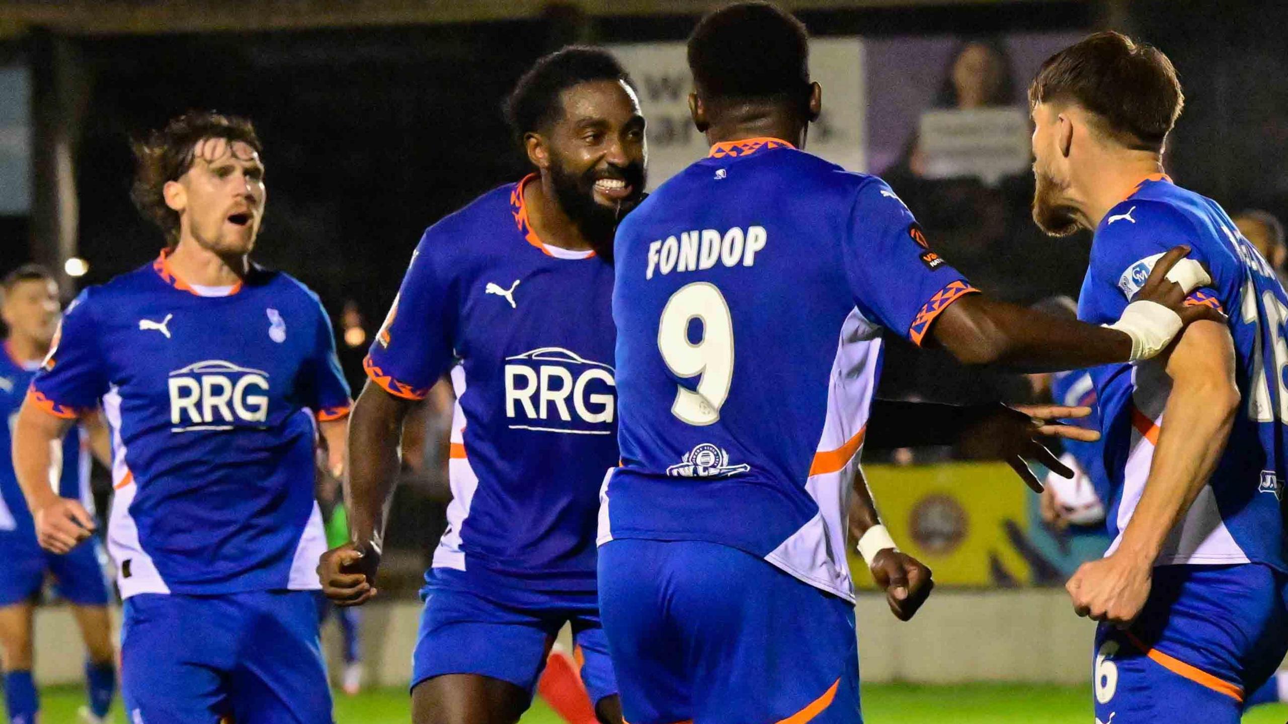 Oldham Athletic players celebrate a goal