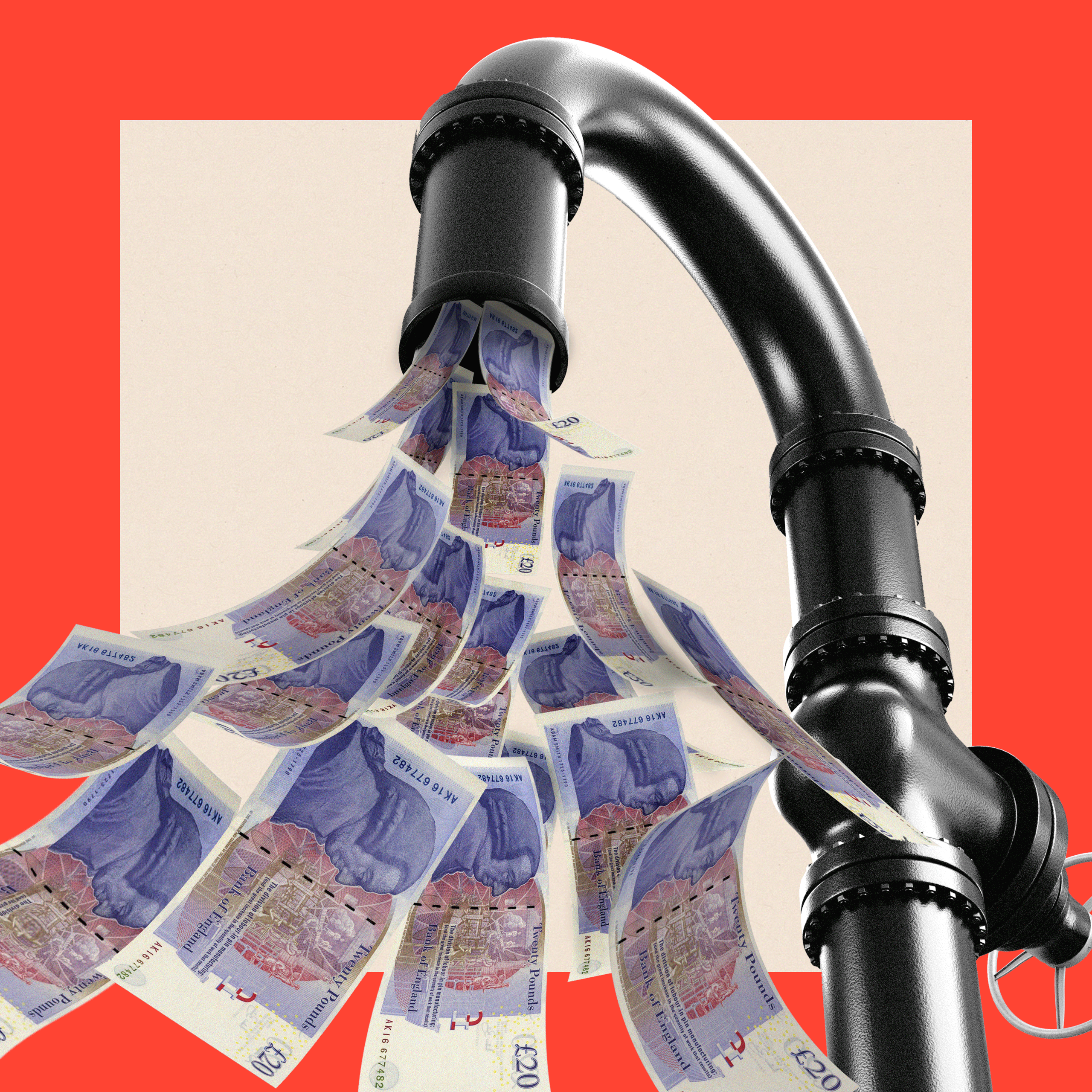 Montage graphic image showing £20 notes flowing from a tap