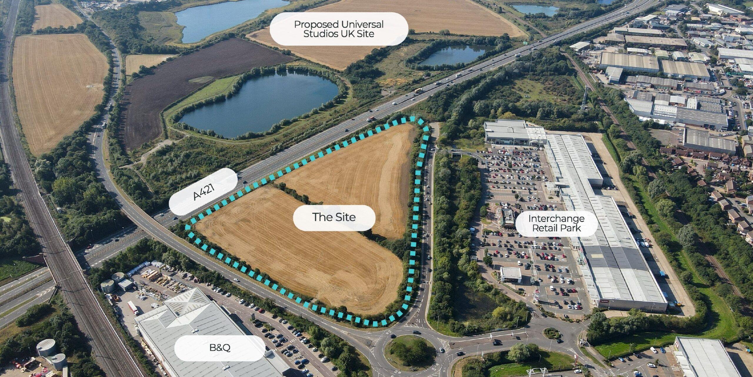 An aerial satellite plan of the local area with labels marking out the main features. These labels are, from left to right, B&Q, A421, The Site, Proposed Universal Studios UK Site, and Interchange Retail Park. The A421 runs diagonally across the picture from bottom left to top right. Above it are a series of ponds and fields. On the other side of the A421 are several rounds and roundabouts and a large industrial warehouses with car parks in front.
