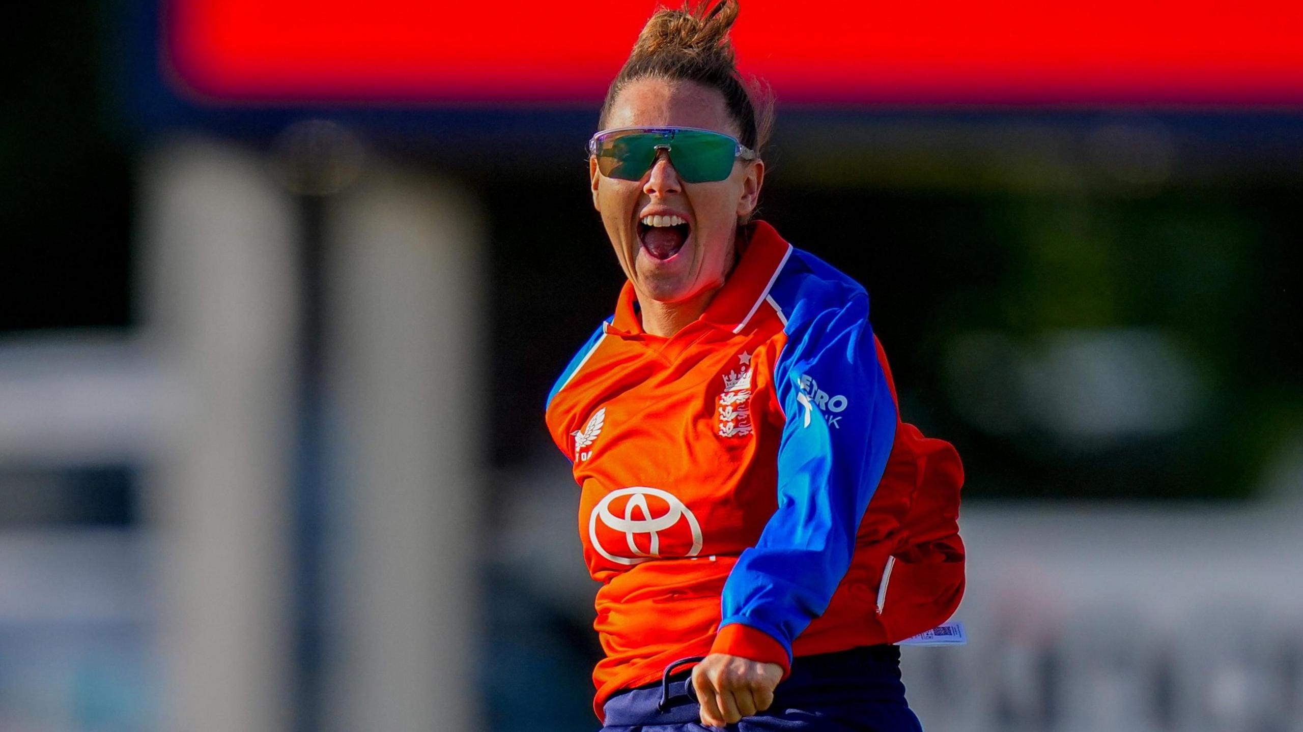Linsey Smith celebrates a wicket