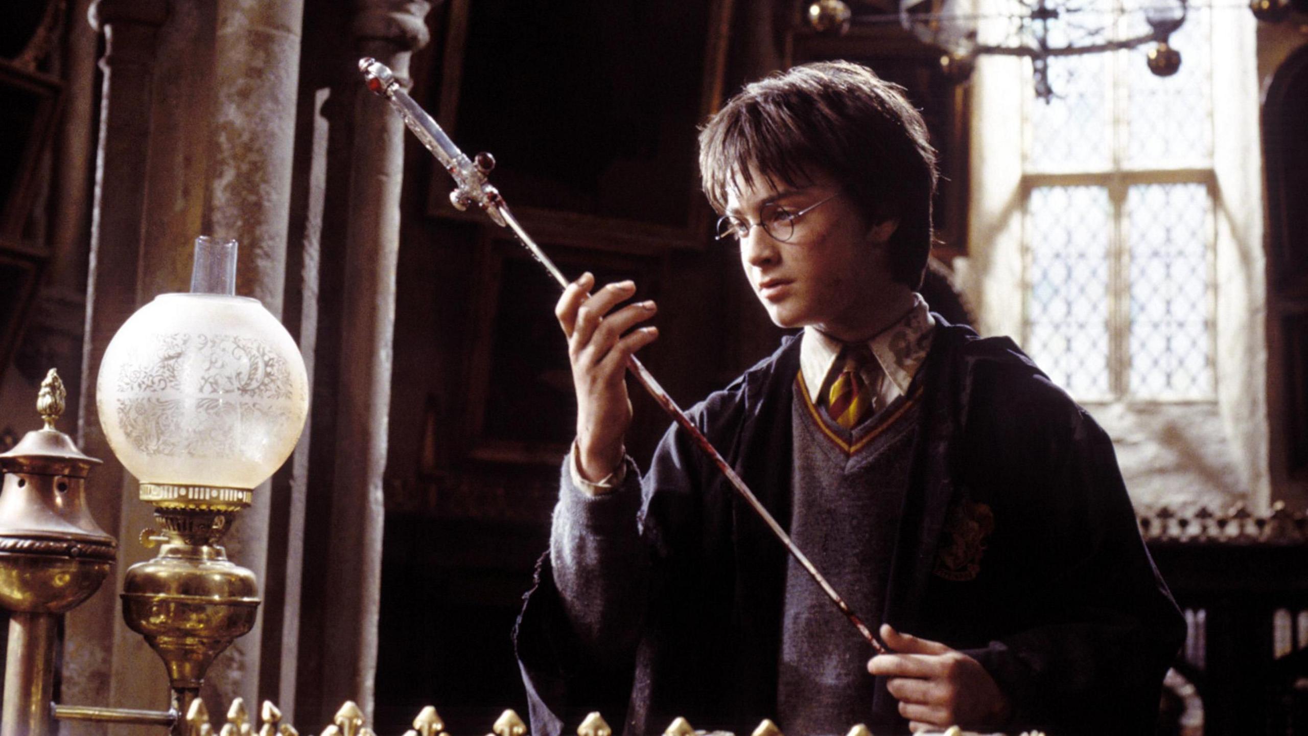 Daniel Radcliffe in the Harry Potter movie holding the sword of Godric Gryffindor 