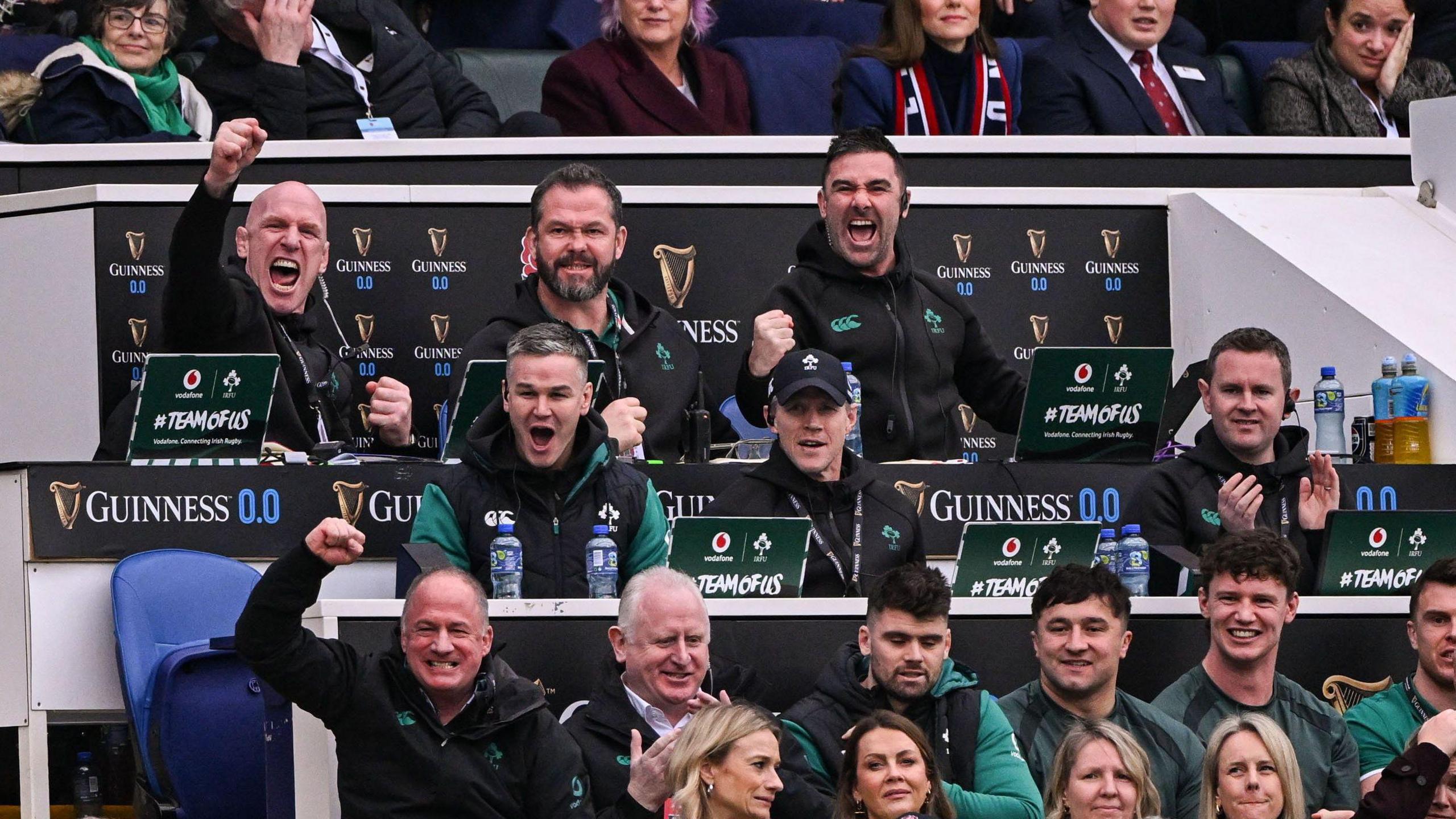 The Ireland backroom team celebrate a try against England
