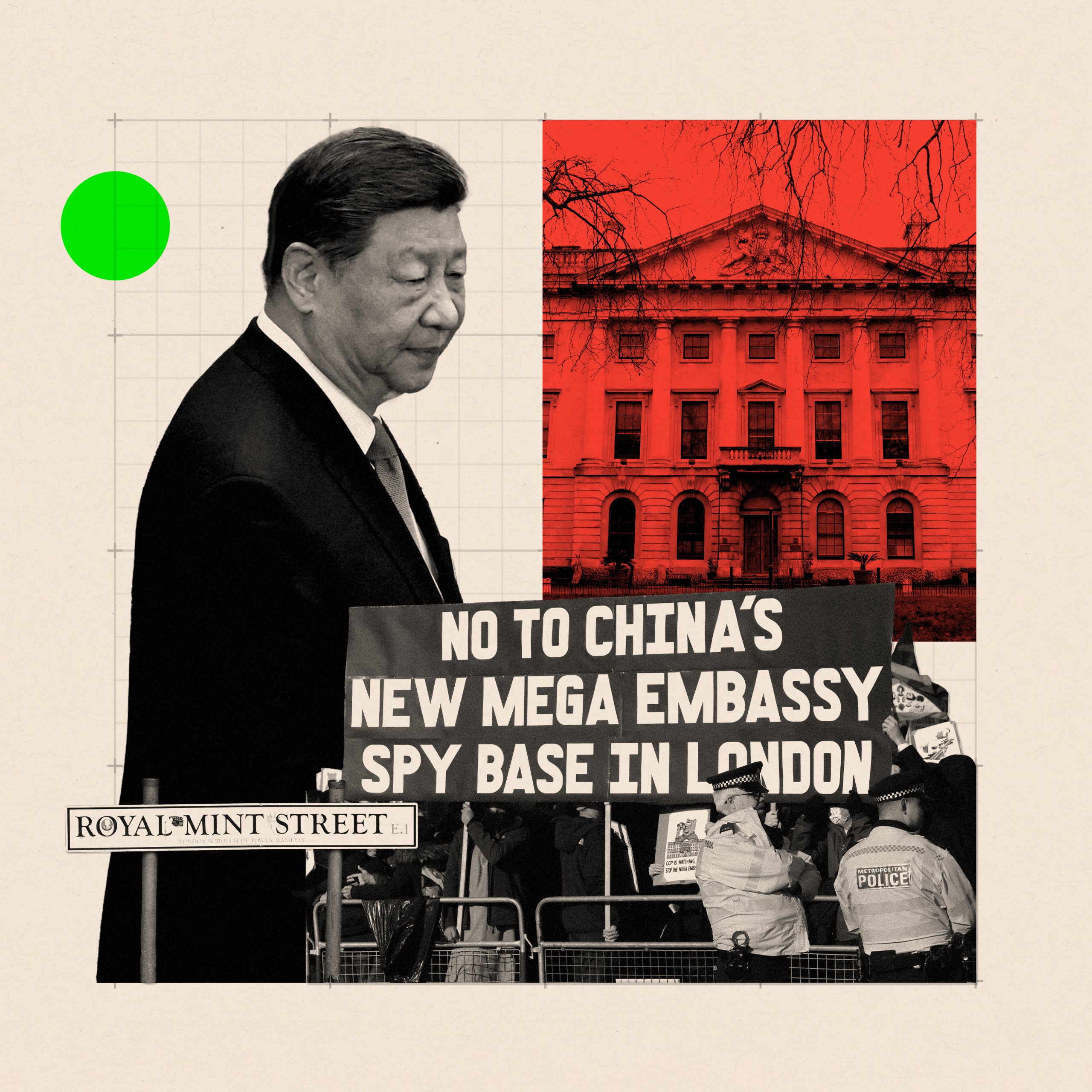A collage image of the Royal Mint, and embassy protests and Xi Jinping